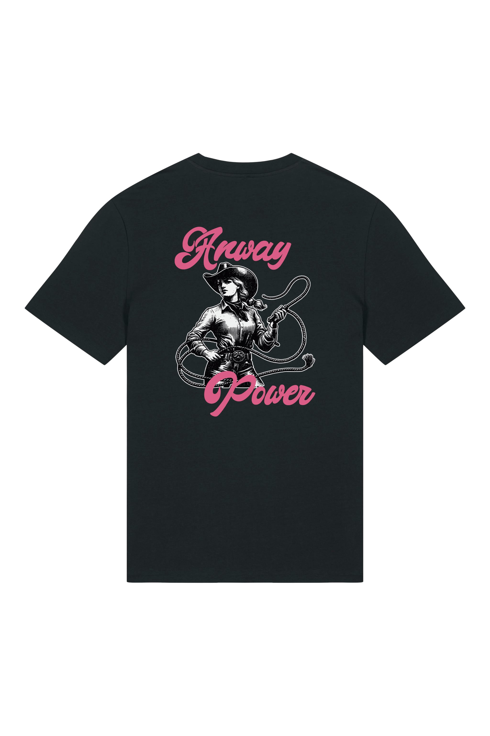 T-Shirt aus 100 % Bio-Baumwolle mit normaler Passform, erhältlich in verschiedenen Farben wie Blue Soul, Cotton Pink, Lavender, Aloe, Weiss und Schwarz. Individuell bedruckbar mit Wunschmotiv. Weiches, angenehm leichtes Material für hohen Tragekomfort. Ideal für einen zeitgemässen, entspannten Look. T-Shirt mit einer Cowgirl-Illustration mit Peitsche und dem rosa Schriftzug „Anway Power“ auf der Rückseite.