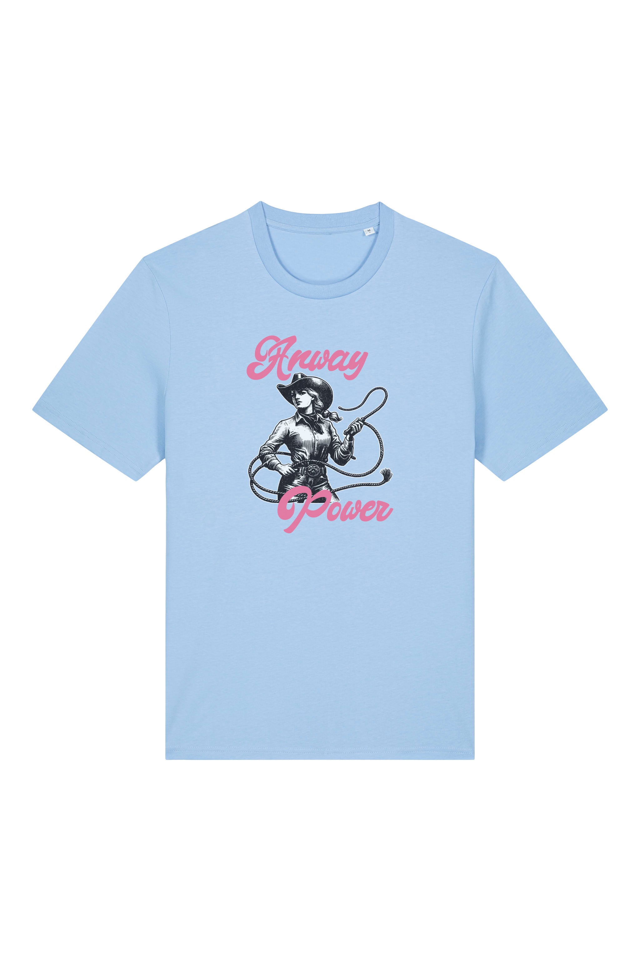 T-Shirt aus 100 % Bio-Baumwolle mit normaler Passform, erhältlich in verschiedenen Farben wie Blue Soul, Cotton Pink, Lavender, Aloe, Weiss und Schwarz. Individuell bedruckbar mit Wunschmotiv. Weiches, angenehm leichtes Material für hohen Tragekomfort. Ideal für einen zeitgemässen, entspannten Look. T-Shirt mit einer Cowgirl-Illustration mit Peitsche und dem rosa Schriftzug „Anway Power“ auf der Vorderseite.