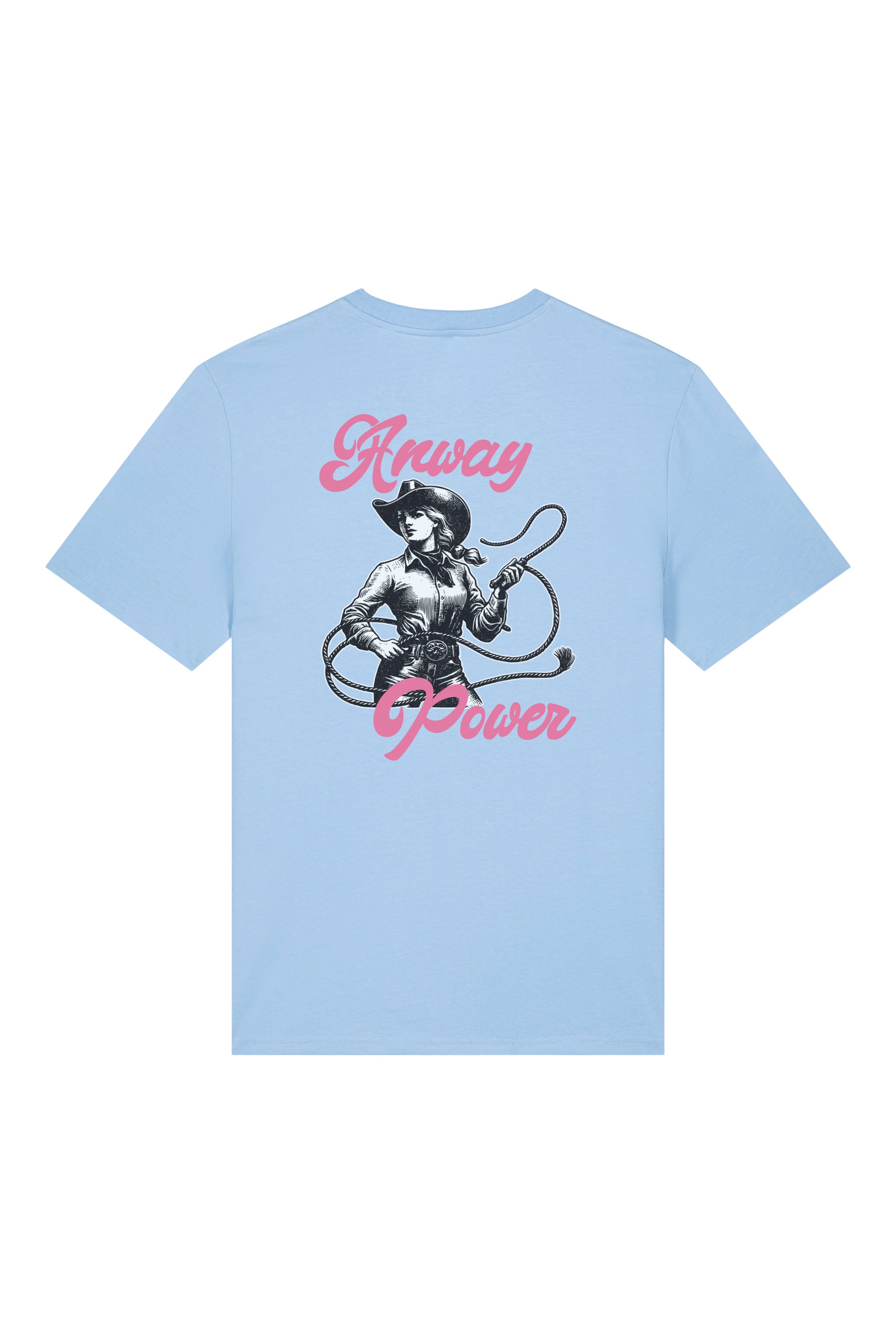 T-Shirt aus 100 % Bio-Baumwolle mit normaler Passform, erhältlich in verschiedenen Farben wie Blue Soul, Cotton Pink, Lavender, Aloe, Weiss und Schwarz. Individuell bedruckbar mit Wunschmotiv. Weiches, angenehm leichtes Material für hohen Tragekomfort. Ideal für einen zeitgemässen, entspannten Look. T-Shirt mit einer Cowgirl-Illustration mit Peitsche und dem rosa Schriftzug „Anway Power“ auf der Rückseite.