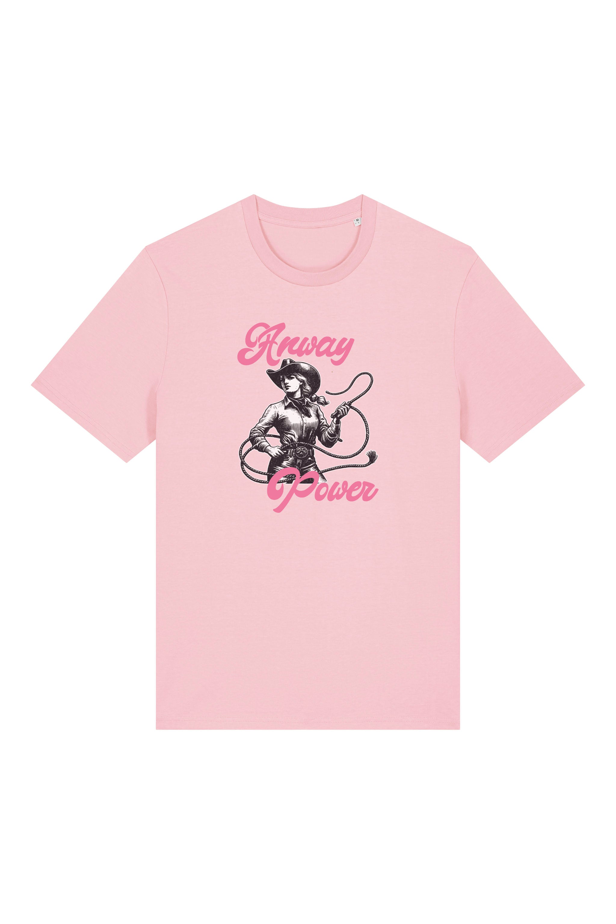 T-Shirt aus 100 % Bio-Baumwolle mit normaler Passform, erhältlich in verschiedenen Farben wie Blue Soul, Cotton Pink, Lavender, Aloe, Weiss und Schwarz. Individuell bedruckbar mit Wunschmotiv. Weiches, angenehm leichtes Material für hohen Tragekomfort. Ideal für einen zeitgemässen, entspannten Look. T-Shirt mit einer Cowgirl-Illustration mit Peitsche und dem rosa Schriftzug „Anway Power“ auf der Vorderseite.