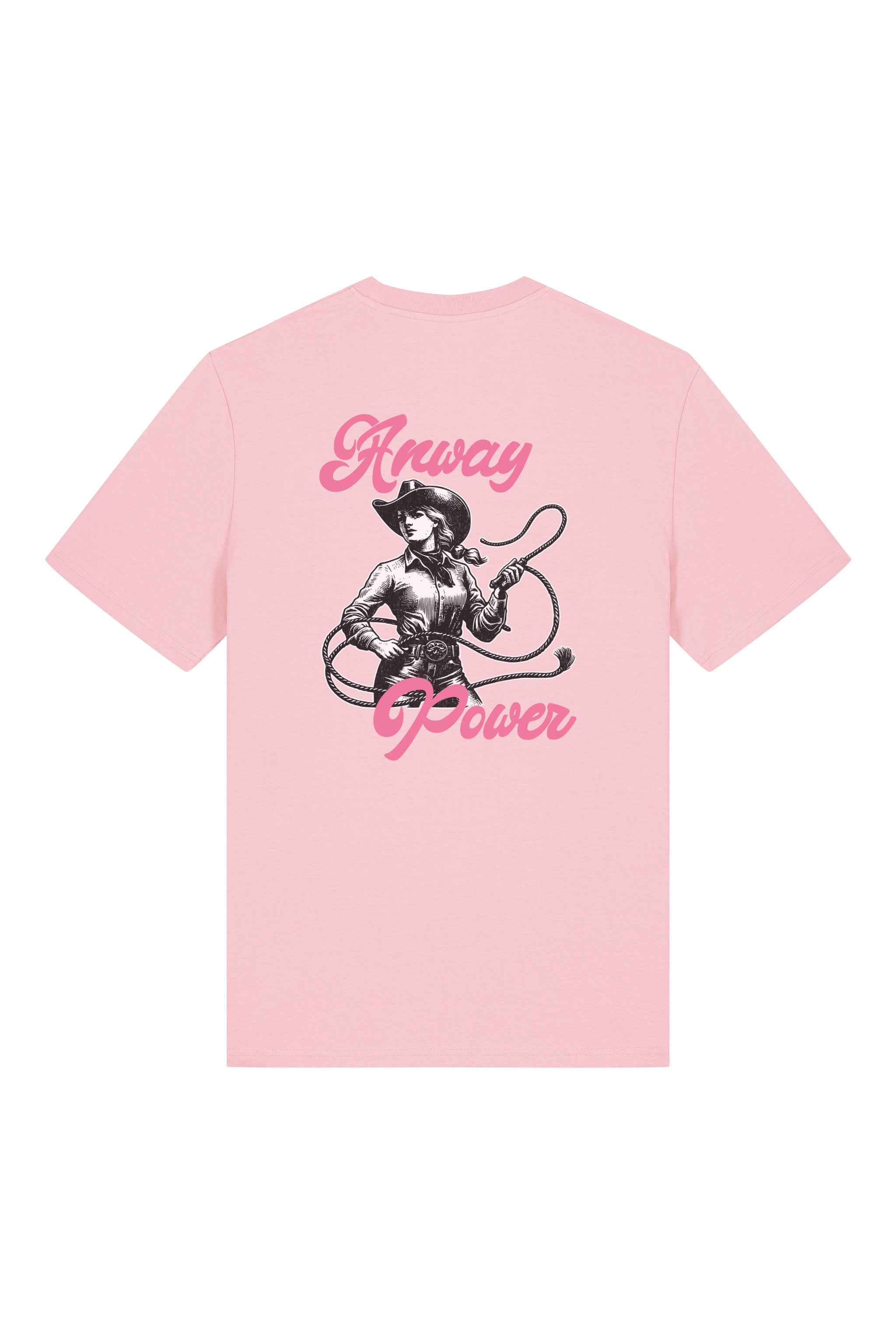T-Shirt aus 100 % Bio-Baumwolle mit normaler Passform, erhältlich in verschiedenen Farben wie Blue Soul, Cotton Pink, Lavender, Aloe, Weiss und Schwarz. Individuell bedruckbar mit Wunschmotiv. Weiches, angenehm leichtes Material für hohen Tragekomfort. Ideal für einen zeitgemässen, entspannten Look. T-Shirt mit einer Cowgirl-Illustration mit Peitsche und dem rosa Schriftzug „Anway Power“ auf der Rückseite.