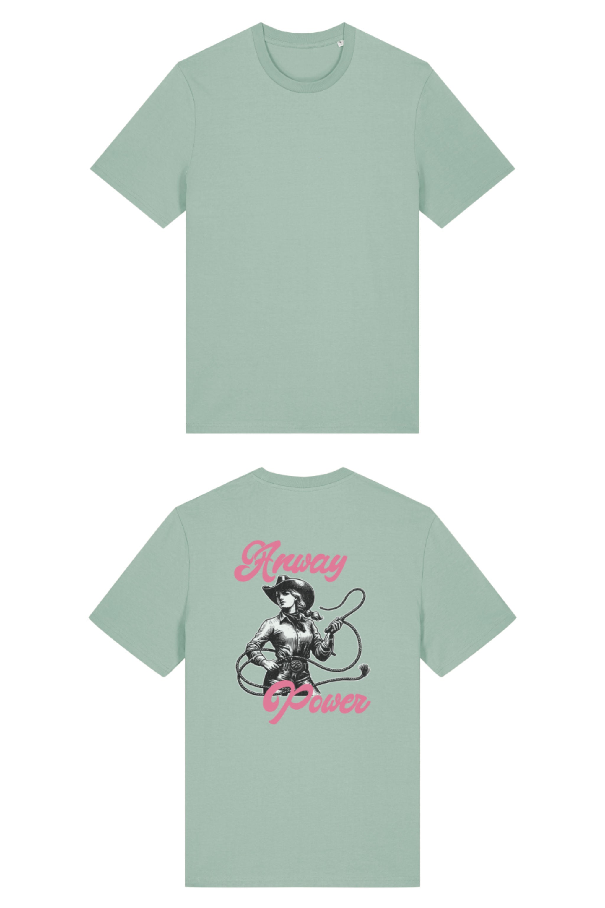 T-Shirt aus 100 % Bio-Baumwolle mit normaler Passform, erhältlich in verschiedenen Farben wie Blue Soul, Cotton Pink, Lavender, Aloe, Weiss und Schwarz. Individuell bedruckbar mit Wunschmotiv. Weiches, angenehm leichtes Material für hohen Tragekomfort. Ideal für einen zeitgemässen, entspannten Look. T-Shirt mit einer Cowgirl-Illustration mit Peitsche und dem rosa Schriftzug „Anway Power“ auf der Rückseite.
