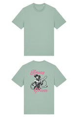 T-Shirt aus 100 % Bio-Baumwolle mit normaler Passform, erhältlich in verschiedenen Farben wie Blue Soul, Cotton Pink, Lavender, Aloe, Weiss und Schwarz. Individuell bedruckbar mit Wunschmotiv. Weiches, angenehm leichtes Material für hohen Tragekomfort. Ideal für einen zeitgemässen, entspannten Look. T-Shirt mit einer Cowgirl-Illustration mit Peitsche und dem rosa Schriftzug „Anway Power“ auf der Rückseite.
