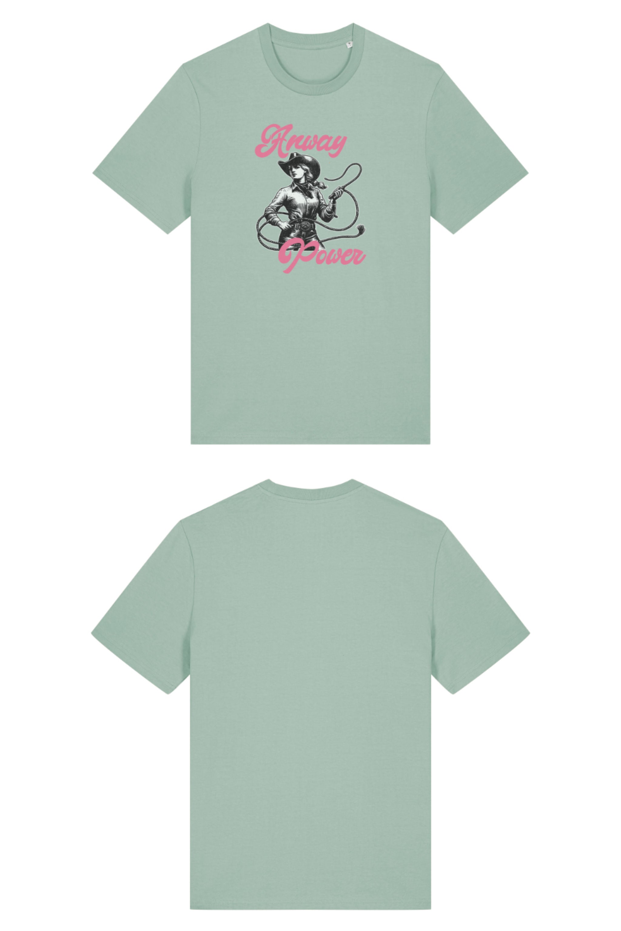 T-Shirt aus 100 % Bio-Baumwolle mit normaler Passform, erhältlich in verschiedenen Farben wie Blue Soul, Cotton Pink, Lavender, Aloe, Weiss und Schwarz. Individuell bedruckbar mit Wunschmotiv. Weiches, angenehm leichtes Material für hohen Tragekomfort. Ideal für einen zeitgemässen, entspannten Look. T-Shirt mit einer Cowgirl-Illustration mit Peitsche und dem rosa Schriftzug „Anway Power“ auf der Vorderseite.