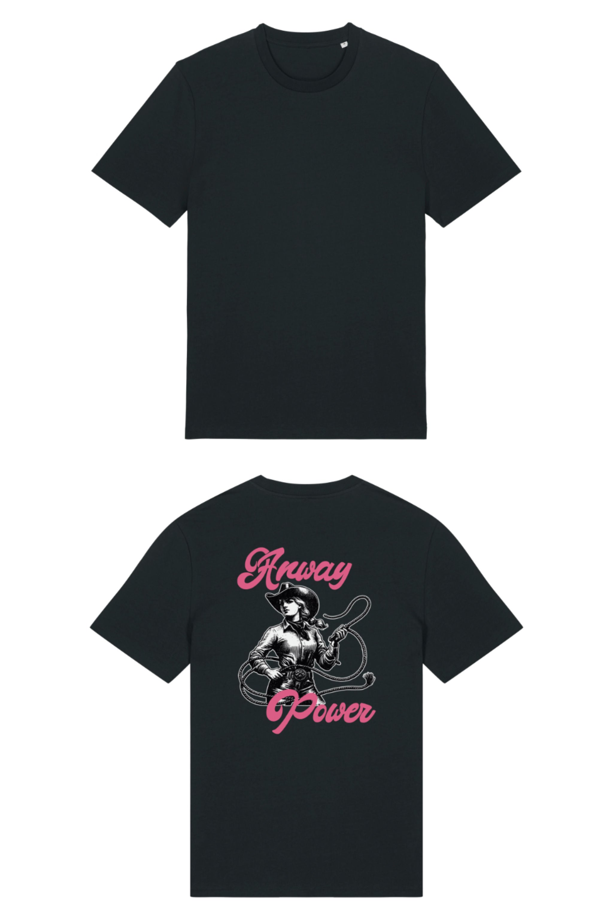 T-Shirt aus 100 % Bio-Baumwolle mit normaler Passform, erhältlich in verschiedenen Farben wie Blue Soul, Cotton Pink, Lavender, Aloe, Weiss und Schwarz. Individuell bedruckbar mit Wunschmotiv. Weiches, angenehm leichtes Material für hohen Tragekomfort. Ideal für einen zeitgemässen, entspannten Look. T-Shirt mit einer Cowgirl-Illustration mit Peitsche und dem rosa Schriftzug „Anway Power“ auf der Rückseite.