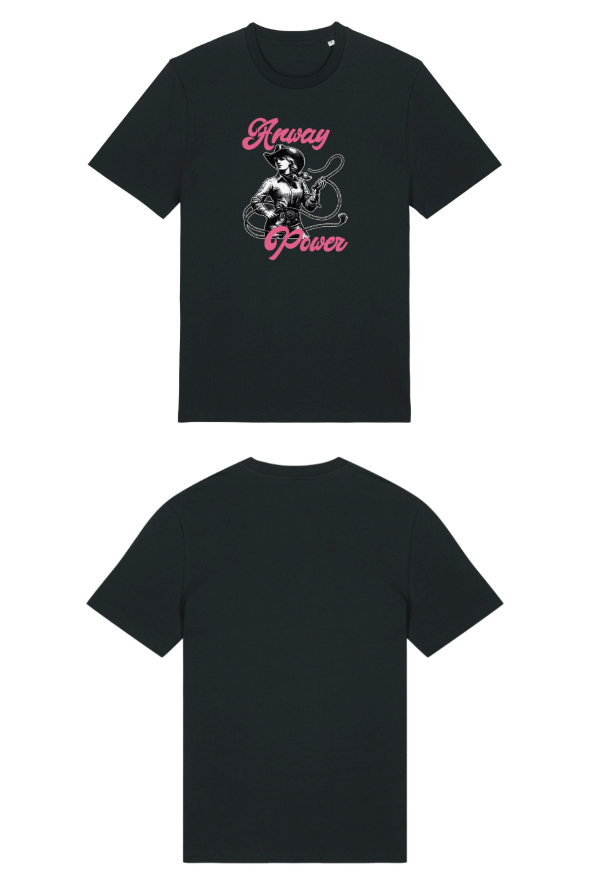T-Shirt aus 100 % Bio-Baumwolle mit normaler Passform, erhältlich in verschiedenen Farben wie Blue Soul, Cotton Pink, Lavender, Aloe, Weiss und Schwarz. Individuell bedruckbar mit Wunschmotiv. Weiches, angenehm leichtes Material für hohen Tragekomfort. Ideal für einen zeitgemässen, entspannten Look. T-Shirt mit einer Cowgirl-Illustration mit Peitsche und dem rosa Schriftzug „Anway Power“ auf der Vorderseite.