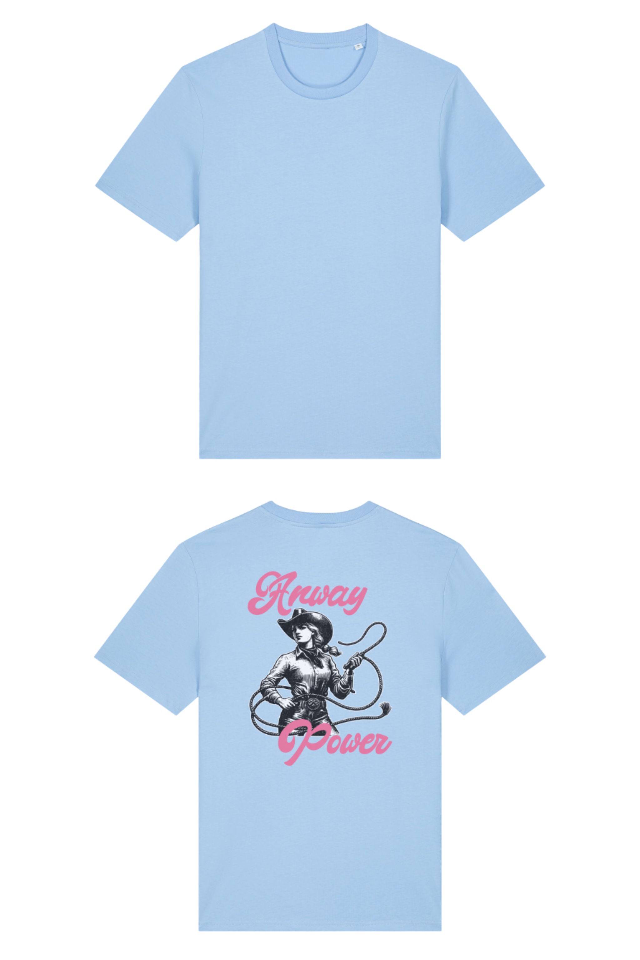 T-Shirt aus 100 % Bio-Baumwolle mit normaler Passform, erhältlich in verschiedenen Farben wie Blue Soul, Cotton Pink, Lavender, Aloe, Weiss und Schwarz. Individuell bedruckbar mit Wunschmotiv. Weiches, angenehm leichtes Material für hohen Tragekomfort. Ideal für einen zeitgemässen, entspannten Look. T-Shirt mit einer Cowgirl-Illustration mit Peitsche und dem rosa Schriftzug „Anway Power“ auf der Rückseite.