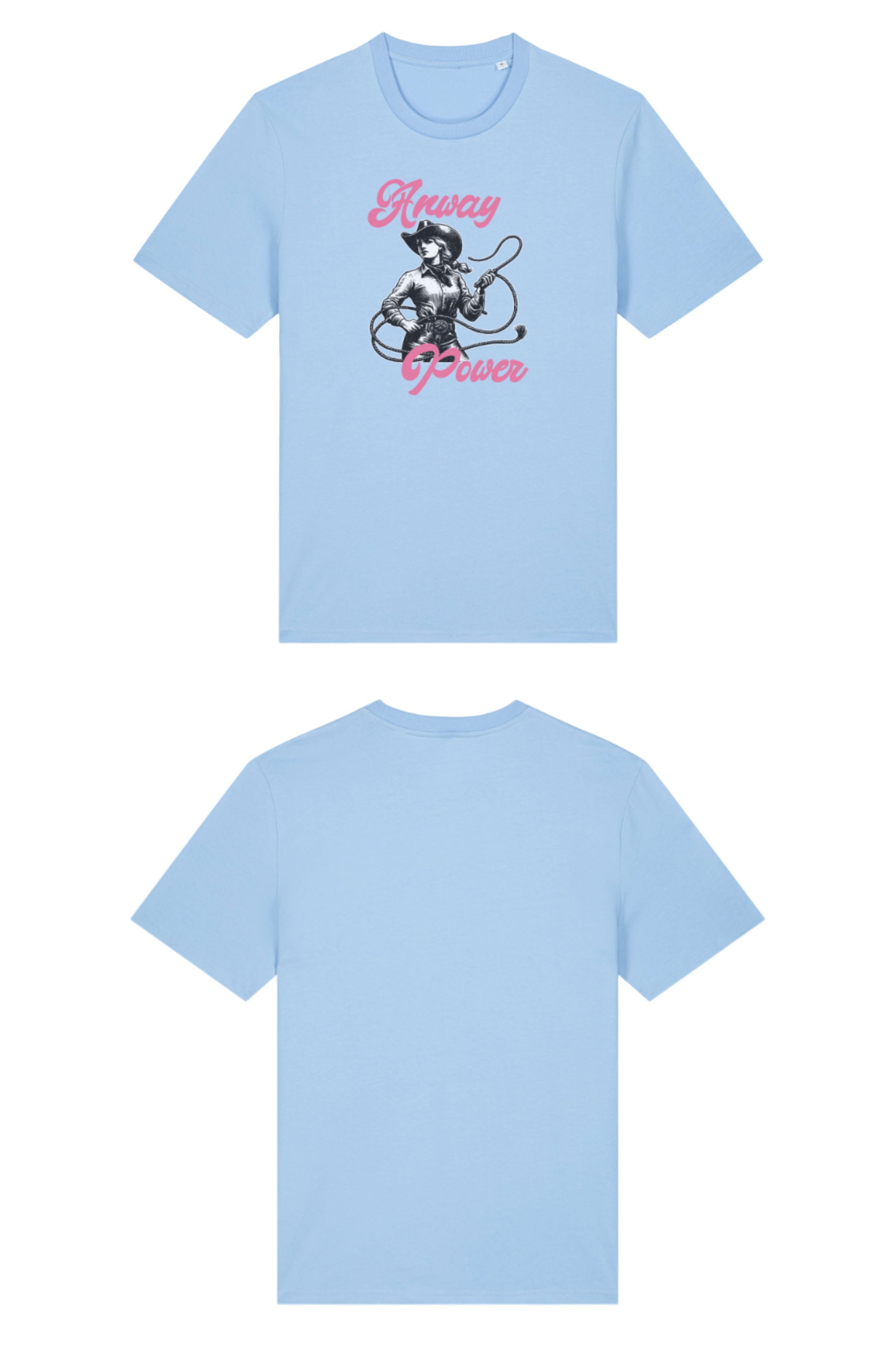 T-Shirt aus 100 % Bio-Baumwolle mit normaler Passform, erhältlich in verschiedenen Farben wie Blue Soul, Cotton Pink, Lavender, Aloe, Weiss und Schwarz. Individuell bedruckbar mit Wunschmotiv. Weiches, angenehm leichtes Material für hohen Tragekomfort. Ideal für einen zeitgemässen, entspannten Look. T-Shirt mit einer Cowgirl-Illustration mit Peitsche und dem rosa Schriftzug „Anway Power“ auf der Vorderseite.