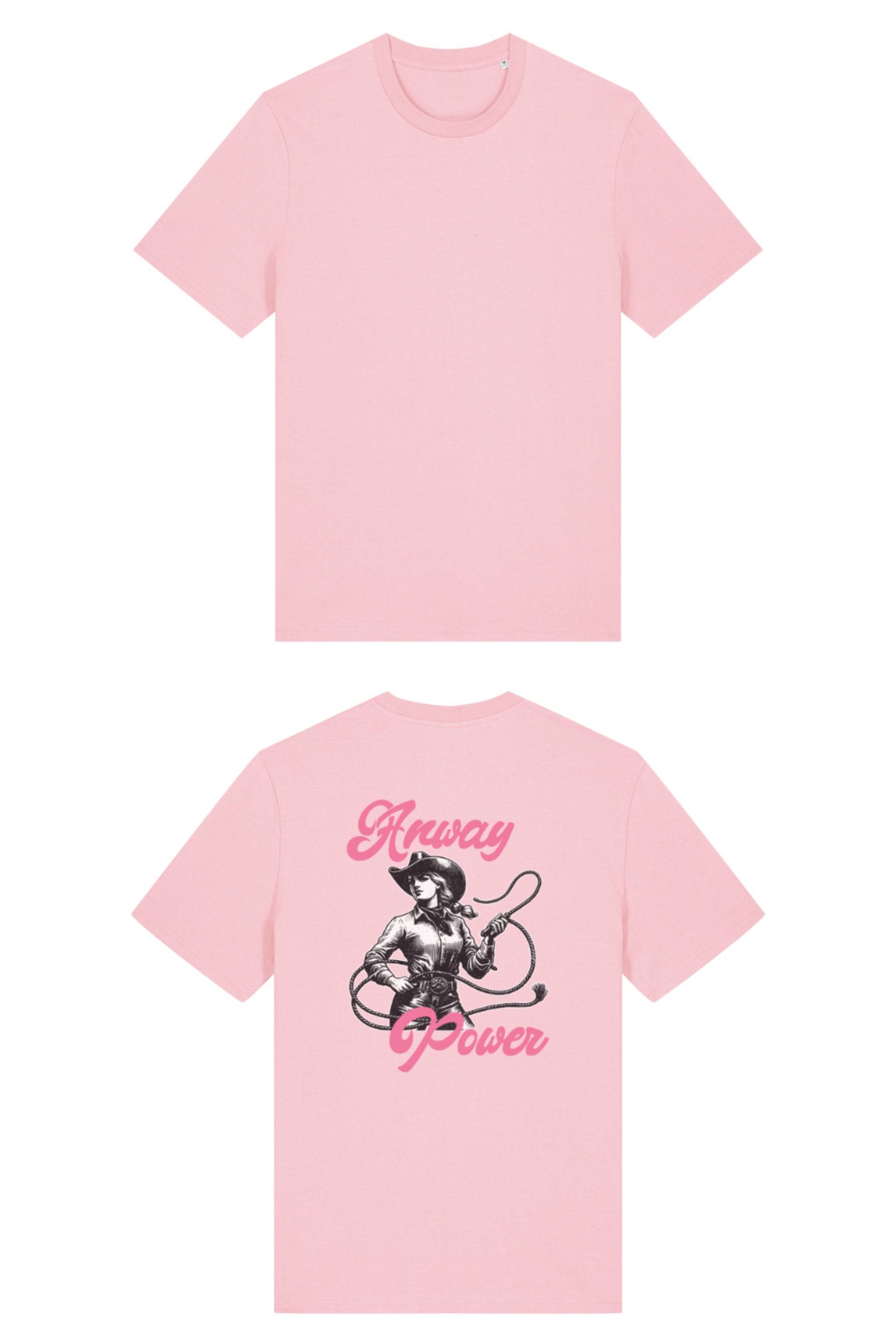 T-Shirt aus 100 % Bio-Baumwolle mit normaler Passform, erhältlich in verschiedenen Farben wie Blue Soul, Cotton Pink, Lavender, Aloe, Weiss und Schwarz. Individuell bedruckbar mit Wunschmotiv. Weiches, angenehm leichtes Material für hohen Tragekomfort. Ideal für einen zeitgemässen, entspannten Look. T-Shirt mit einer Cowgirl-Illustration mit Peitsche und dem rosa Schriftzug „Anway Power“ auf der Rückseite.