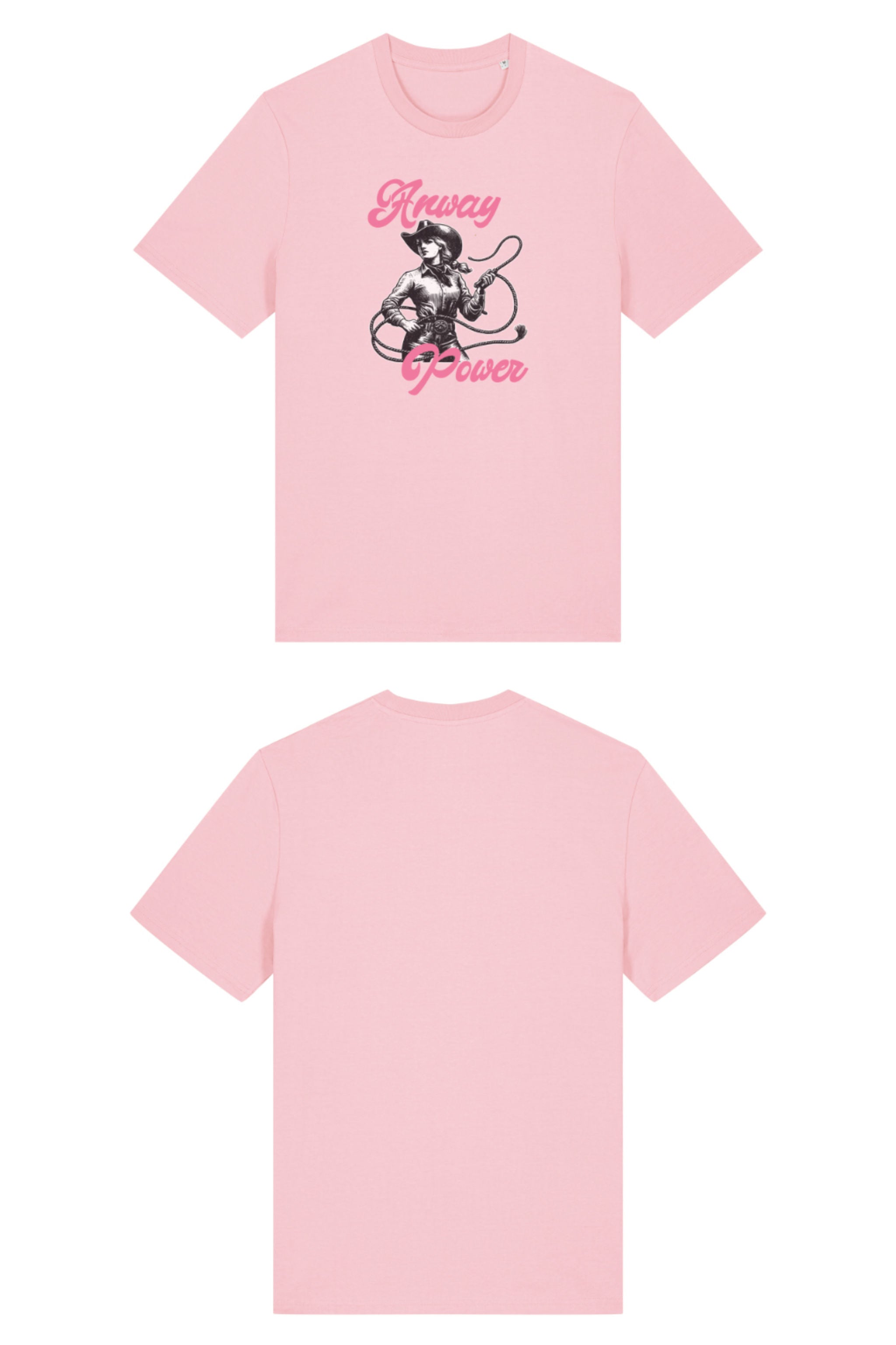 T-Shirt aus 100 % Bio-Baumwolle mit normaler Passform, erhältlich in verschiedenen Farben wie Blue Soul, Cotton Pink, Lavender, Aloe, Weiss und Schwarz. Individuell bedruckbar mit Wunschmotiv. Weiches, angenehm leichtes Material für hohen Tragekomfort. Ideal für einen zeitgemässen, entspannten Look. T-Shirt mit einer Cowgirl-Illustration mit Peitsche und dem rosa Schriftzug „Anway Power“ auf der Vorderseite.