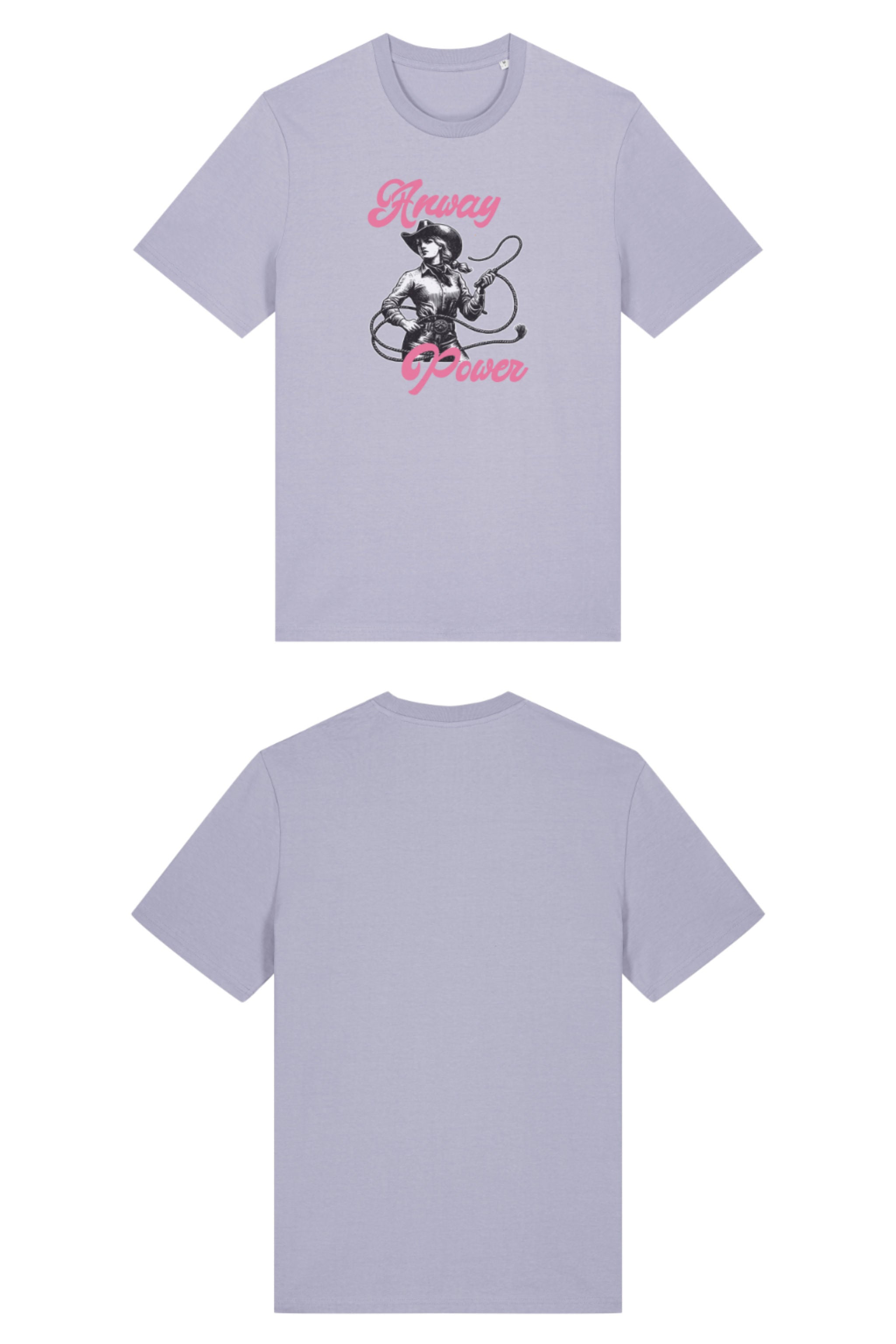 T-Shirt aus 100 % Bio-Baumwolle mit normaler Passform, erhältlich in verschiedenen Farben wie Blue Soul, Cotton Pink, Lavender, Aloe, Weiss und Schwarz. Individuell bedruckbar mit Wunschmotiv. Weiches, angenehm leichtes Material für hohen Tragekomfort. Ideal für einen zeitgemässen, entspannten Look. T-Shirt mit einer Cowgirl-Illustration mit Peitsche und dem rosa Schriftzug „Anway Power“ auf der Vorderseite.