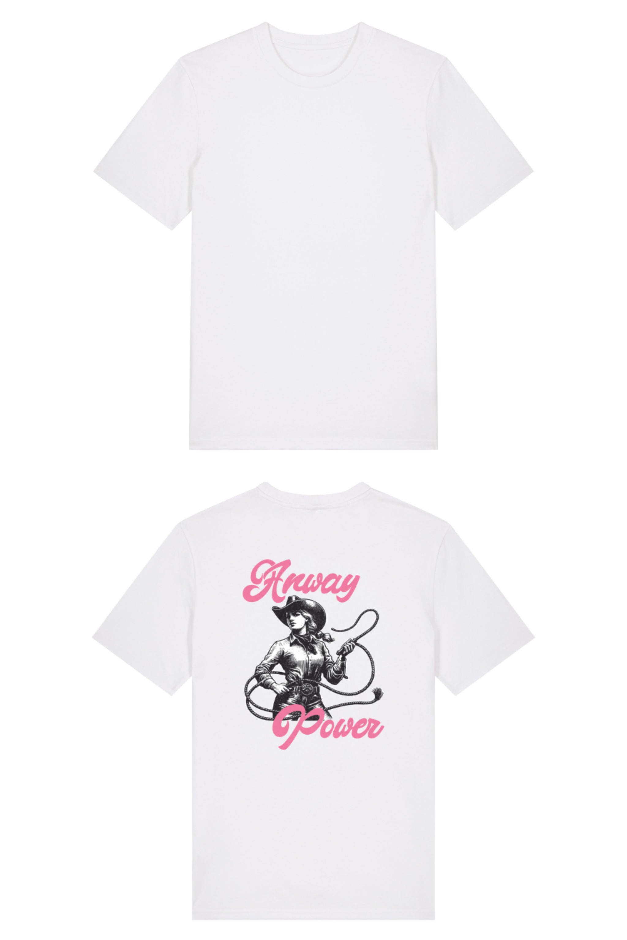 T-Shirt aus 100 % Bio-Baumwolle mit normaler Passform, erhältlich in verschiedenen Farben wie Blue Soul, Cotton Pink, Lavender, Aloe, Weiss und Schwarz. Individuell bedruckbar mit Wunschmotiv. Weiches, angenehm leichtes Material für hohen Tragekomfort. Ideal für einen zeitgemässen, entspannten Look. T-Shirt mit einer Cowgirl-Illustration mit Peitsche und dem rosa Schriftzug „Anway Power“ auf der Rückseite.