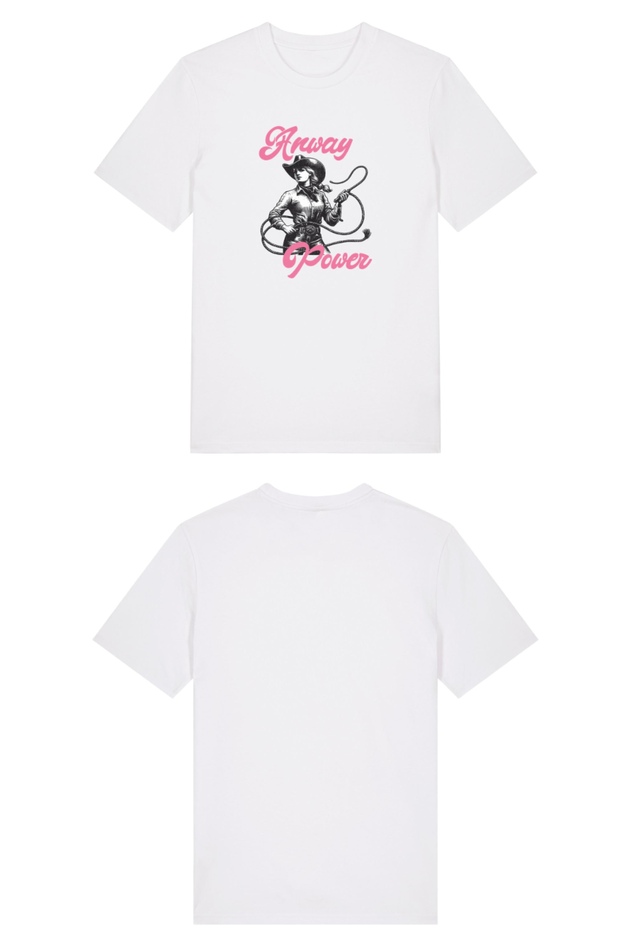 T-Shirt aus 100 % Bio-Baumwolle mit normaler Passform, erhältlich in verschiedenen Farben wie Blue Soul, Cotton Pink, Lavender, Aloe, Weiss und Schwarz. Individuell bedruckbar mit Wunschmotiv. Weiches, angenehm leichtes Material für hohen Tragekomfort. Ideal für einen zeitgemässen, entspannten Look. T-Shirt mit einer Cowgirl-Illustration mit Peitsche und dem rosa Schriftzug „Anway Power“ auf der Vorderseite.