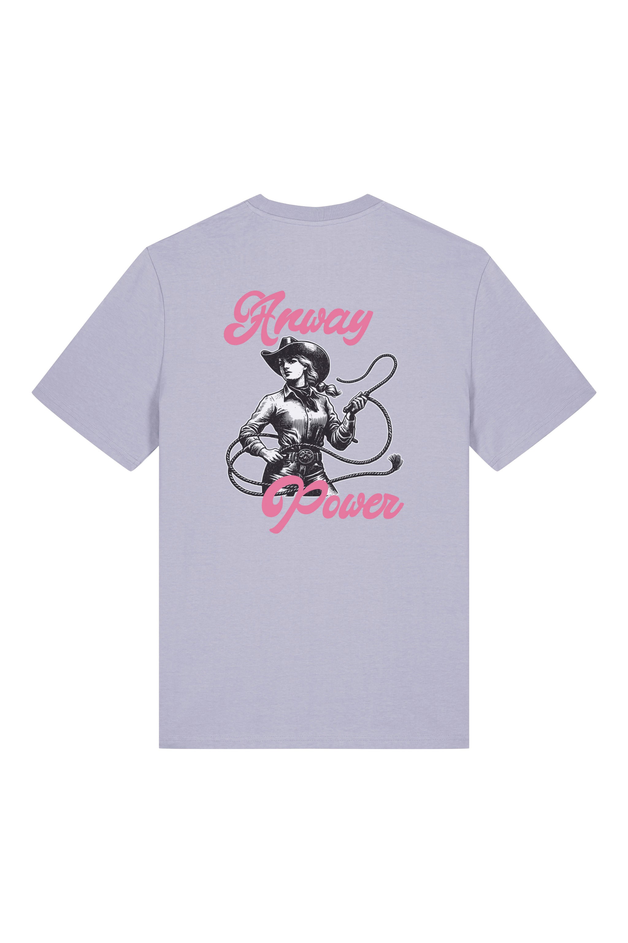 T-Shirt aus 100 % Bio-Baumwolle mit normaler Passform, erhältlich in verschiedenen Farben wie Blue Soul, Cotton Pink, Lavender, Aloe, Weiss und Schwarz. Individuell bedruckbar mit Wunschmotiv. Weiches, angenehm leichtes Material für hohen Tragekomfort. Ideal für einen zeitgemässen, entspannten Look. T-Shirt mit einer Cowgirl-Illustration mit Peitsche und dem rosa Schriftzug „Anway Power“ auf der Rückseite.