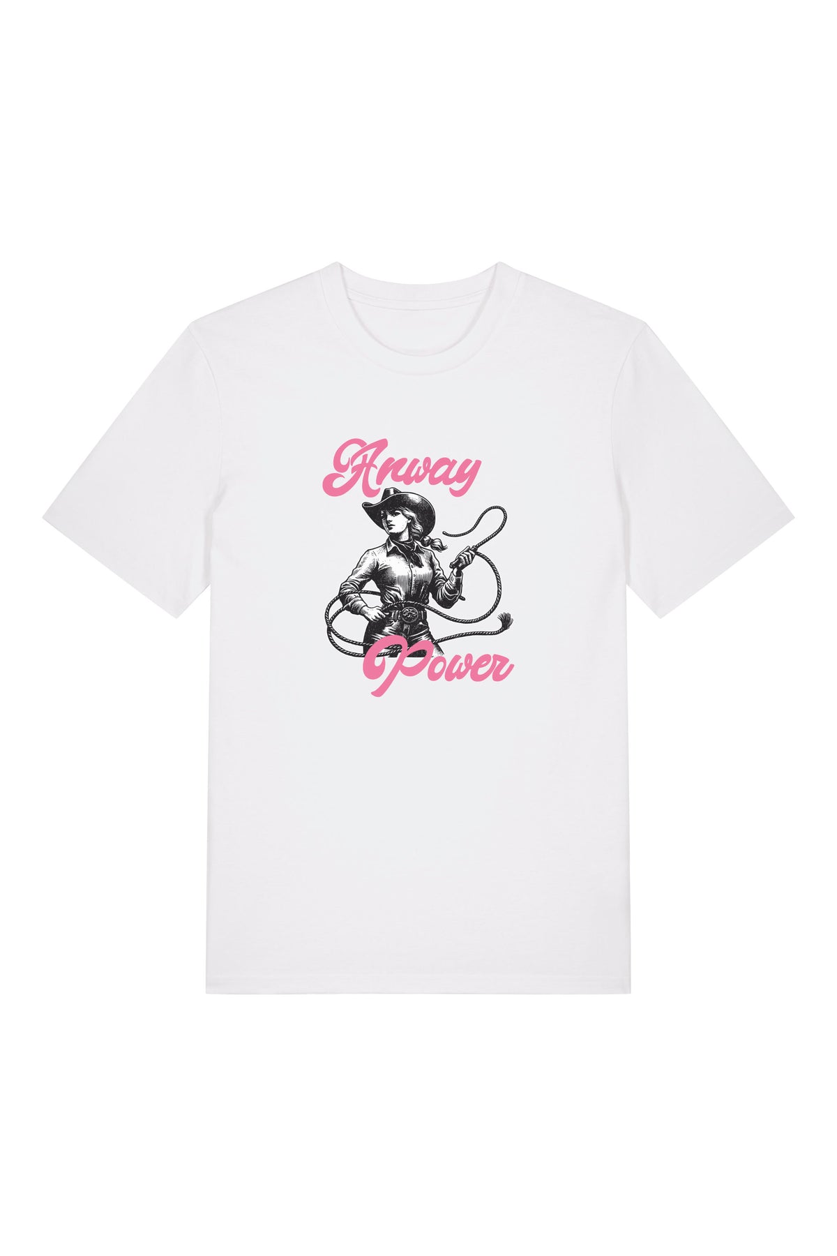 T-Shirt aus 100 % Bio-Baumwolle mit normaler Passform, erhältlich in verschiedenen Farben wie Blue Soul, Cotton Pink, Lavender, Aloe, Weiss und Schwarz. Individuell bedruckbar mit Wunschmotiv. Weiches, angenehm leichtes Material für hohen Tragekomfort. Ideal für einen zeitgemässen, entspannten Look. T-Shirt mit einer Cowgirl-Illustration mit Peitsche und dem rosa Schriftzug „Anway Power“ auf der Vorderseite.