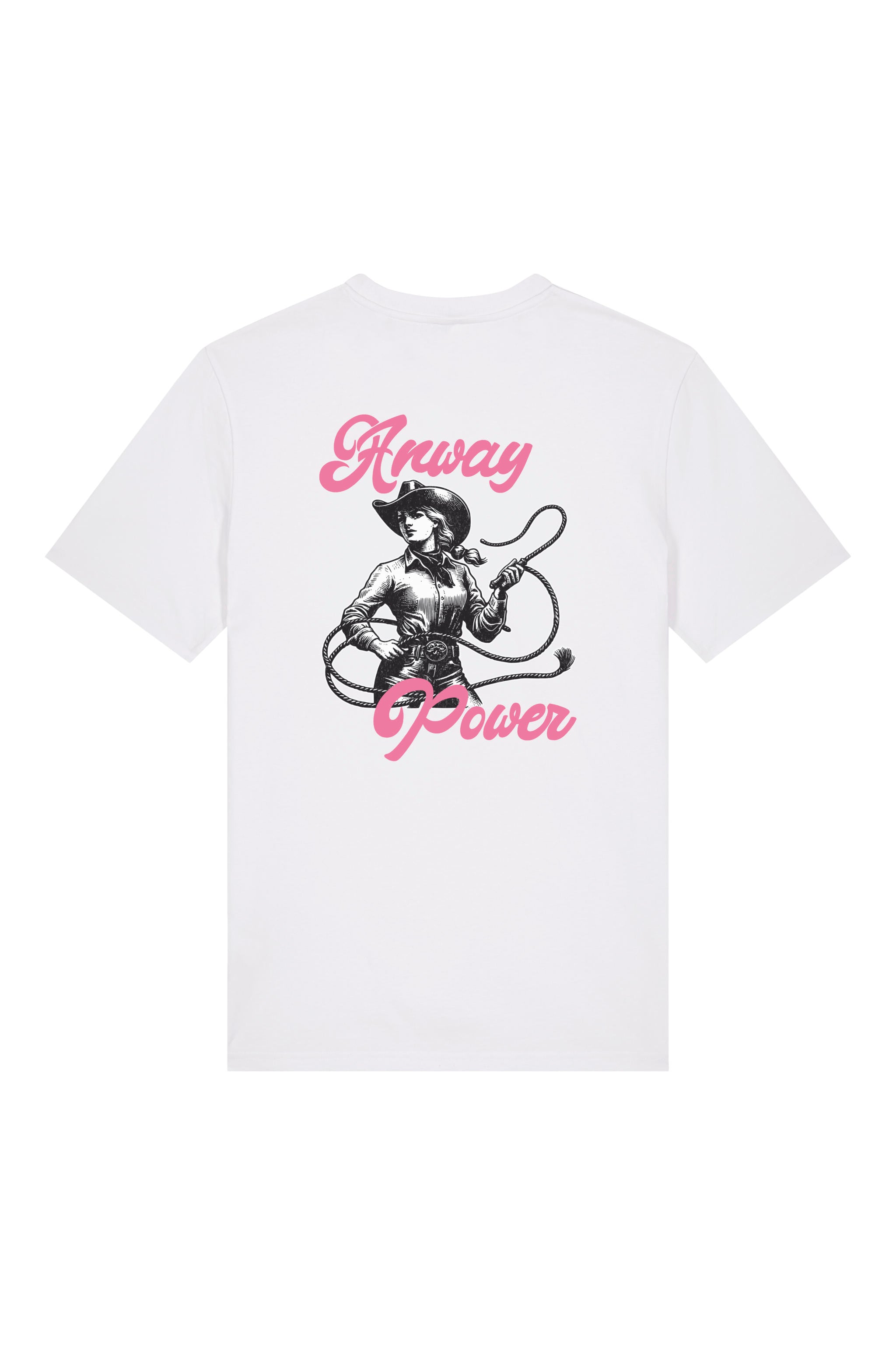 T-Shirt aus 100 % Bio-Baumwolle mit normaler Passform, erhältlich in verschiedenen Farben wie Blue Soul, Cotton Pink, Lavender, Aloe, Weiss und Schwarz. Individuell bedruckbar mit Wunschmotiv. Weiches, angenehm leichtes Material für hohen Tragekomfort. Ideal für einen zeitgemässen, entspannten Look. T-Shirt mit einer Cowgirl-Illustration mit Peitsche und dem rosa Schriftzug „Anway Power“ auf der Rückseite.