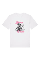 T-Shirt aus 100 % Bio-Baumwolle mit normaler Passform, erhältlich in verschiedenen Farben wie Blue Soul, Cotton Pink, Lavender, Aloe, Weiss und Schwarz. Individuell bedruckbar mit Wunschmotiv. Weiches, angenehm leichtes Material für hohen Tragekomfort. Ideal für einen zeitgemässen, entspannten Look. T-Shirt mit einer Cowgirl-Illustration mit Peitsche und dem rosa Schriftzug „Anway Power“ auf der Vorderseite.