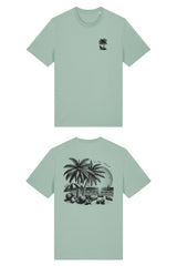 T-Shirt aus 100 % Bio-Baumwolle mit normaler Passform, erhältlich in verschiedenen Farben wie Blue Soul, Cotton Pink, Lavender, Aloe, Weiss und Schwarz. Individuell bedruckbar mit Wunschmotiv. Weiches, angenehm leichtes Material für hohen Tragekomfort. Ideal für einen zeitgemässen, entspannten Look. T-Shirt mit kleinem Motiv einer Palme und eines Liegestuhls auf der linken Brust und einem detaillierten Strandmotiv mit Palmen, Kokosnüssen und Sonnenuntergang auf der Rückseite. 