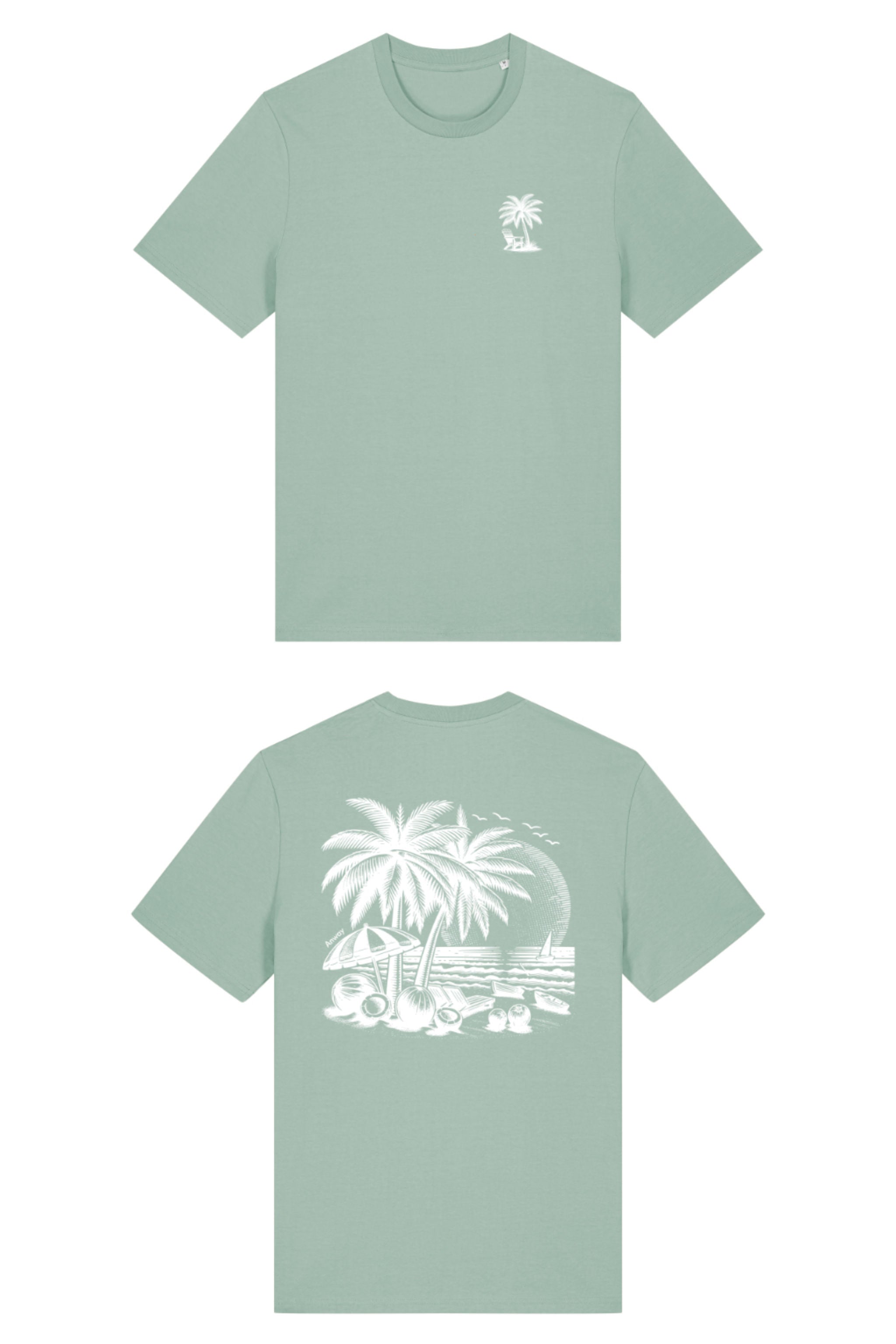 T-Shirt aus 100 % Bio-Baumwolle mit normaler Passform, erhältlich in verschiedenen Farben wie Blue Soul, Cotton Pink, Lavender, Aloe, Weiss und Schwarz. Individuell bedruckbar mit Wunschmotiv. Weiches, angenehm leichtes Material für hohen Tragekomfort. Ideal für einen zeitgemässen, entspannten Look. T-Shirt mit kleinem Motiv einer Palme und eines Liegestuhls auf der linken Brust und einem detaillierten Strandmotiv mit Palmen, Kokosnüssen und Sonnenuntergang auf der Rückseite. 