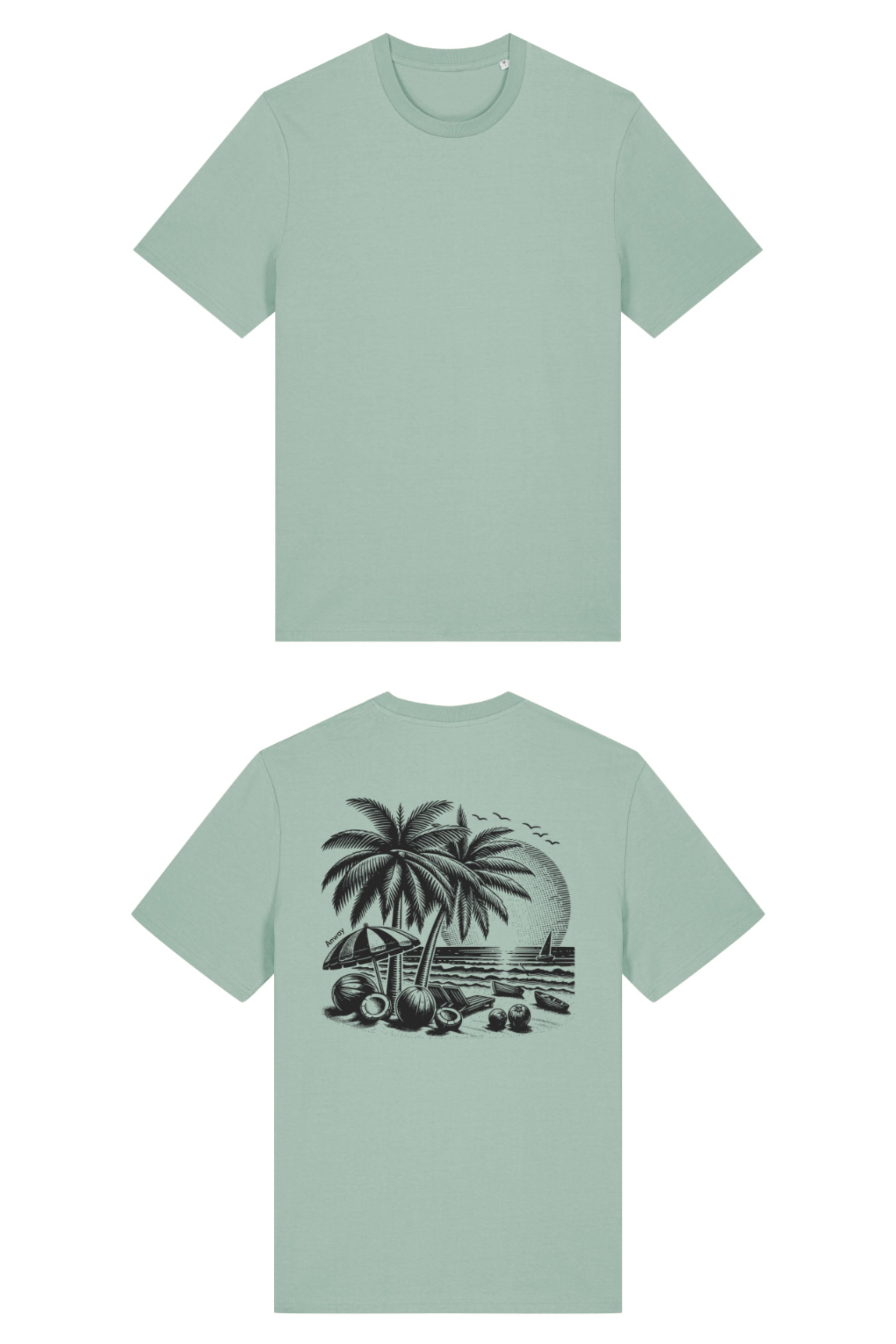 T-Shirt aus 100 % Bio-Baumwolle mit normaler Passform, erhältlich in verschiedenen Farben wie Blue Soul, Cotton Pink, Lavender, Aloe, Weiss und Schwarz. Individuell bedruckbar mit Wunschmotiv. Weiches, angenehm leichtes Material für hohen Tragekomfort. Ideal für einen zeitgemässen, entspannten Look. T-Shirt mit einem detaillierten Strandmotiv mit Palmen, Kokosnüssen und Sonnenuntergang auf der Rückseite. 