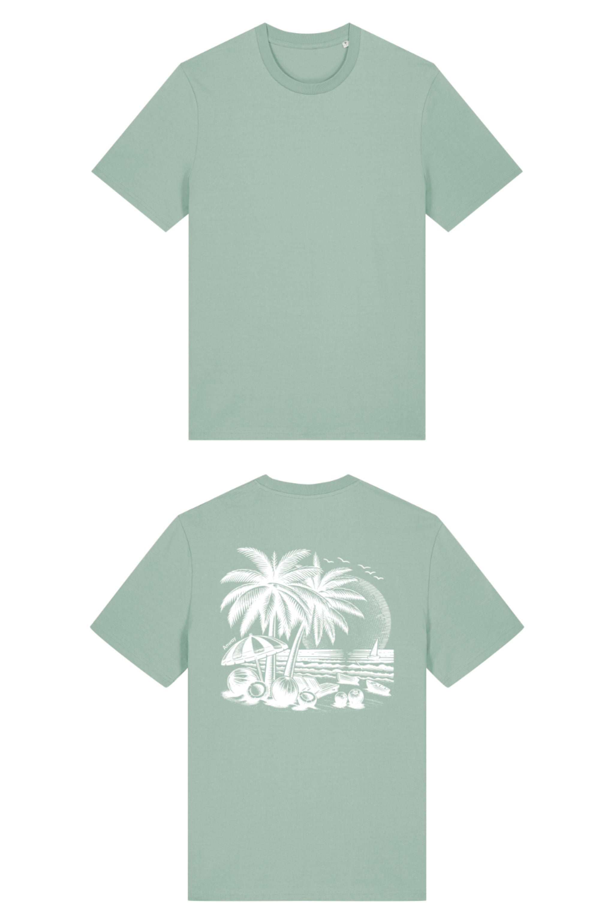 T-Shirt aus 100 % Bio-Baumwolle mit normaler Passform, erhältlich in verschiedenen Farben wie Blue Soul, Cotton Pink, Lavender, Aloe, Weiss und Schwarz. Individuell bedruckbar mit Wunschmotiv. Weiches, angenehm leichtes Material für hohen Tragekomfort. Ideal für einen zeitgemässen, entspannten Look. T-Shirt mit einem detaillierten Strandmotiv mit Palmen, Kokosnüssen und Sonnenuntergang auf der Rückseite. 