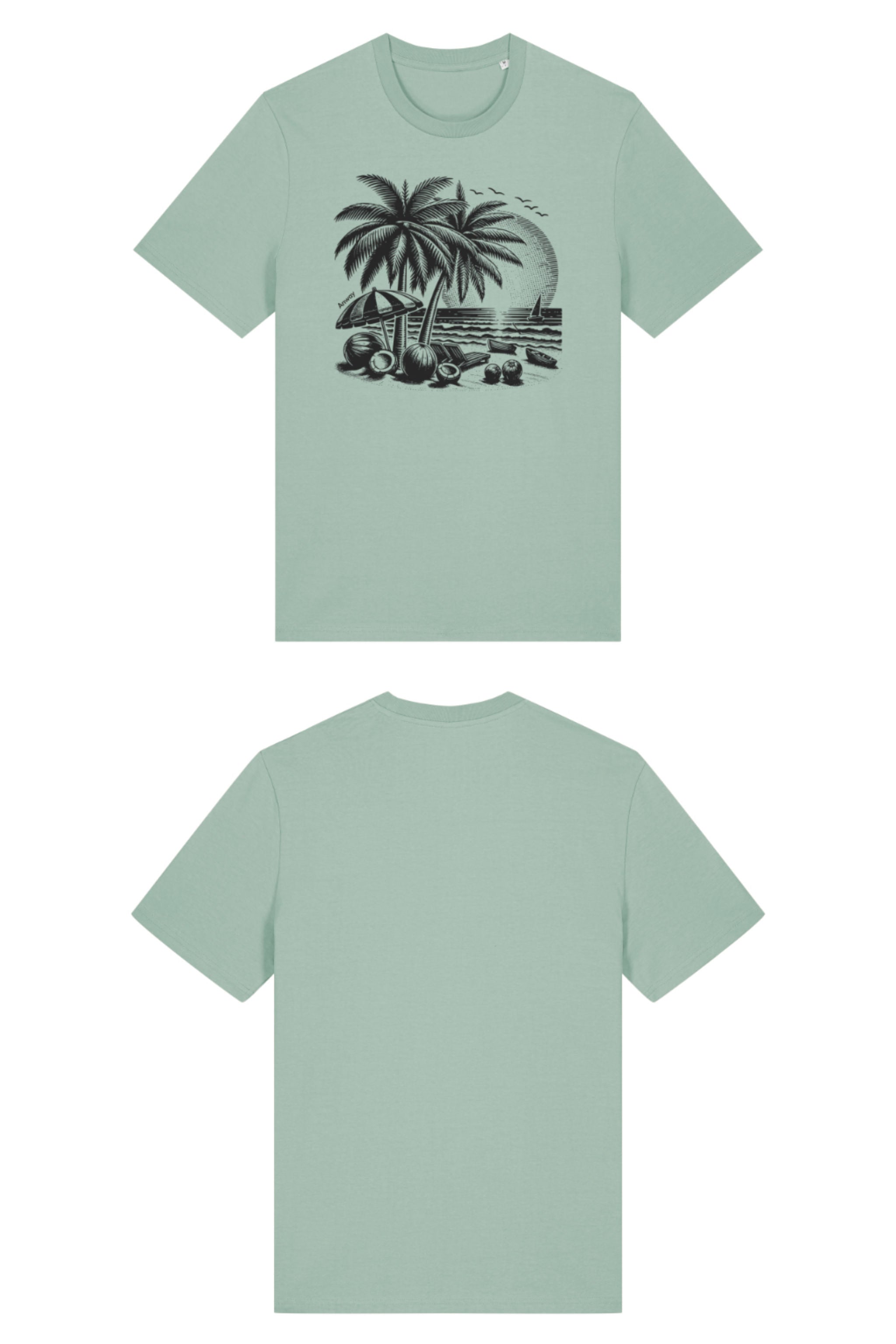 T-Shirt aus 100 % Bio-Baumwolle mit normaler Passform, erhältlich in verschiedenen Farben wie Blue Soul, Cotton Pink, Lavender, Aloe, Weiss und Schwarz. Individuell bedruckbar mit Wunschmotiv. Weiches, angenehm leichtes Material für hohen Tragekomfort. Ideal für einen zeitgemässen, entspannten Look. T-Shirt mit einem detaillierten Strandmotiv mit Palmen, Kokosnüssen und Sonnenuntergang auf der Vorderseite. 