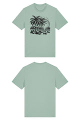 T-Shirt aus 100 % Bio-Baumwolle mit normaler Passform, erhältlich in verschiedenen Farben wie Blue Soul, Cotton Pink, Lavender, Aloe, Weiss und Schwarz. Individuell bedruckbar mit Wunschmotiv. Weiches, angenehm leichtes Material für hohen Tragekomfort. Ideal für einen zeitgemässen, entspannten Look. T-Shirt mit einem detaillierten Strandmotiv mit Palmen, Kokosnüssen und Sonnenuntergang auf der Vorderseite. 