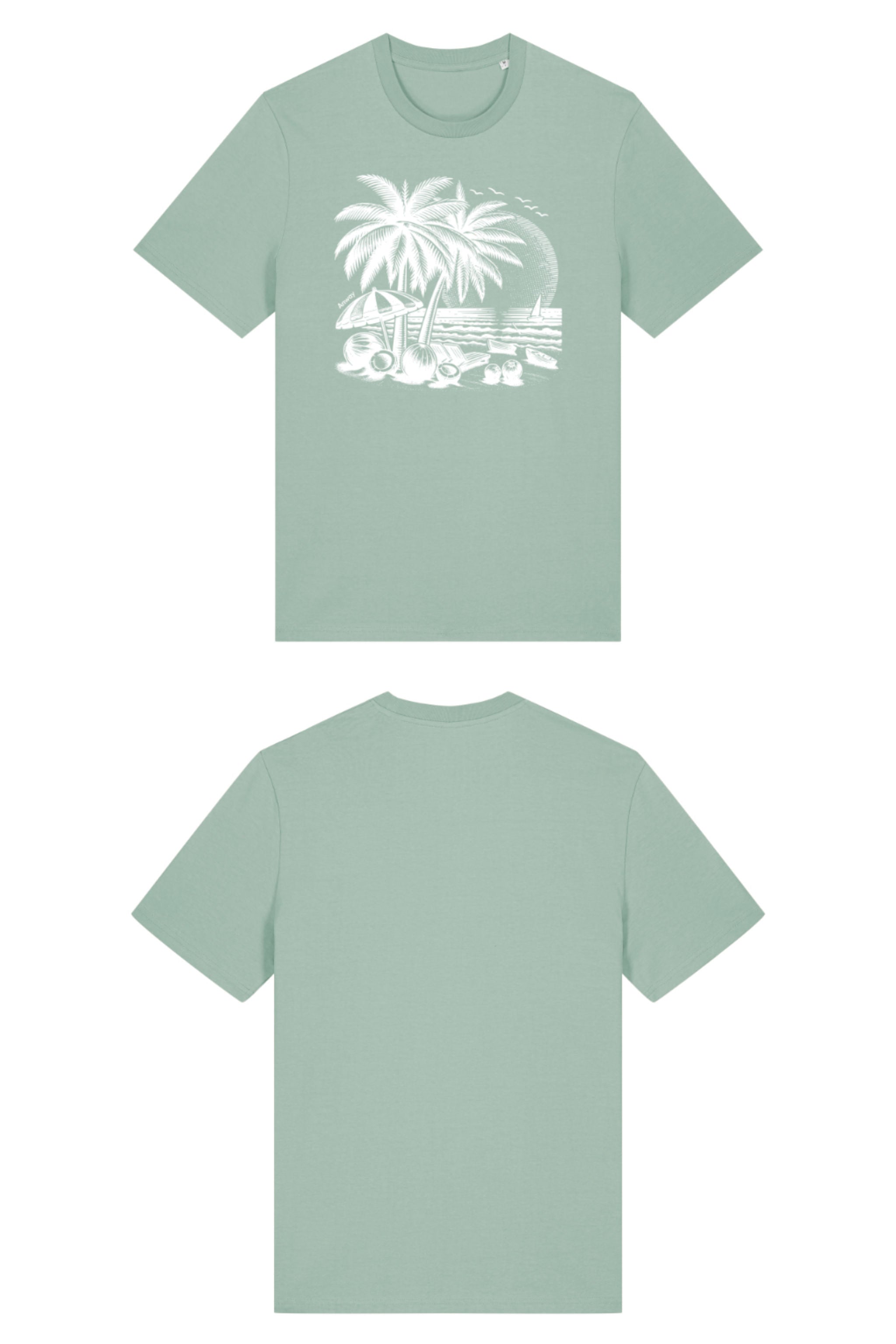 T-Shirt aus 100 % Bio-Baumwolle mit normaler Passform, erhältlich in verschiedenen Farben wie Blue Soul, Cotton Pink, Lavender, Aloe, Weiss und Schwarz. Individuell bedruckbar mit Wunschmotiv. Weiches, angenehm leichtes Material für hohen Tragekomfort. Ideal für einen zeitgemässen, entspannten Look. T-Shirt mit einem detaillierten Strandmotiv mit Palmen, Kokosnüssen und Sonnenuntergang auf der Vorderseite. 
