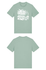T-Shirt aus 100 % Bio-Baumwolle mit normaler Passform, erhältlich in verschiedenen Farben wie Blue Soul, Cotton Pink, Lavender, Aloe, Weiss und Schwarz. Individuell bedruckbar mit Wunschmotiv. Weiches, angenehm leichtes Material für hohen Tragekomfort. Ideal für einen zeitgemässen, entspannten Look. T-Shirt mit einem detaillierten Strandmotiv mit Palmen, Kokosnüssen und Sonnenuntergang auf der Vorderseite. 