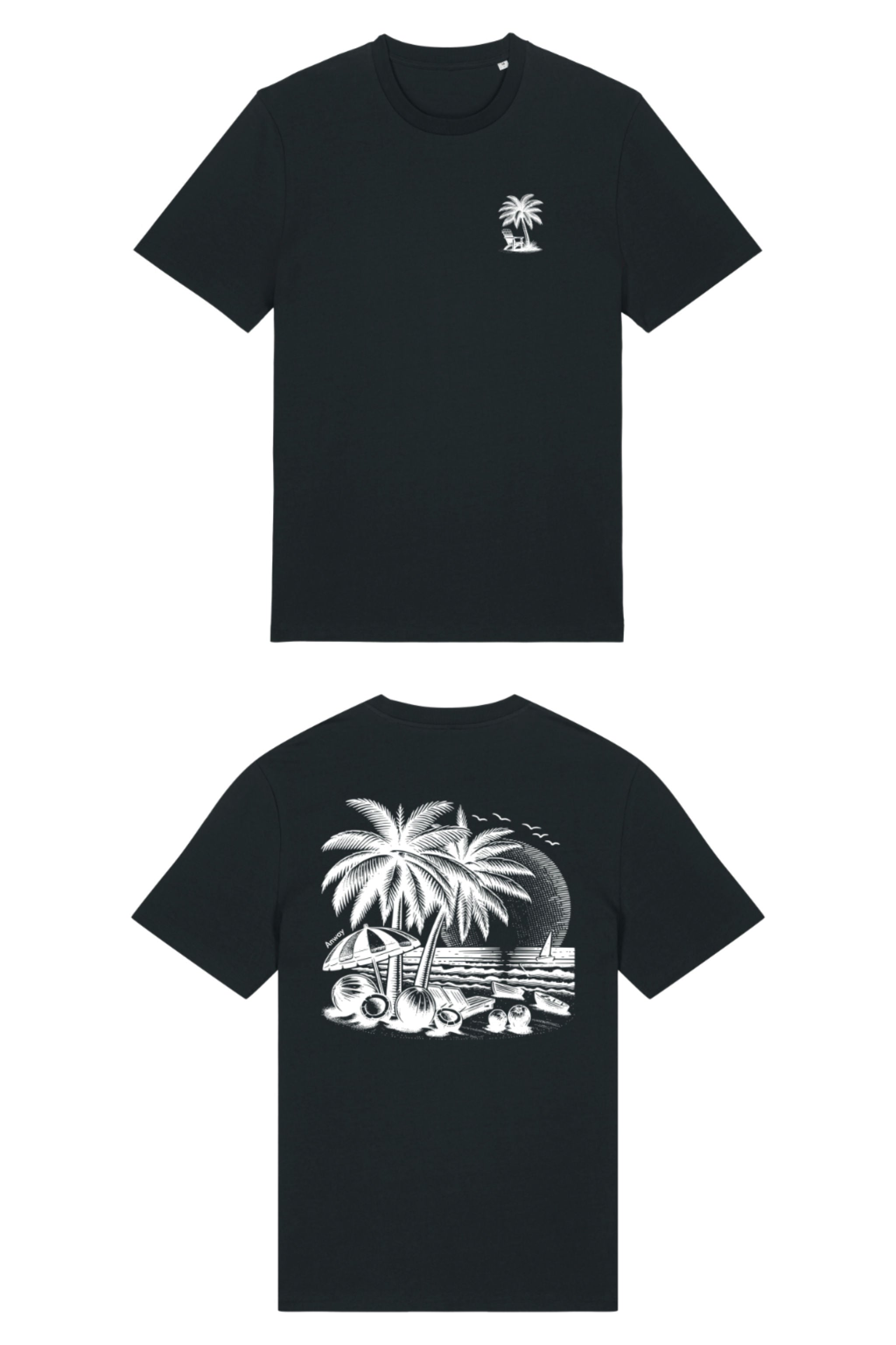 T-Shirt aus 100 % Bio-Baumwolle mit normaler Passform, erhältlich in verschiedenen Farben wie Blue Soul, Cotton Pink, Lavender, Aloe, Weiss und Schwarz. Individuell bedruckbar mit Wunschmotiv. Weiches, angenehm leichtes Material für hohen Tragekomfort. Ideal für einen zeitgemässen, entspannten Look. T-Shirt mit kleinem Motiv einer Palme und eines Liegestuhls auf der linken Brust und einem detaillierten Strandmotiv mit Palmen, Kokosnüssen und Sonnenuntergang auf der Rückseite. 
