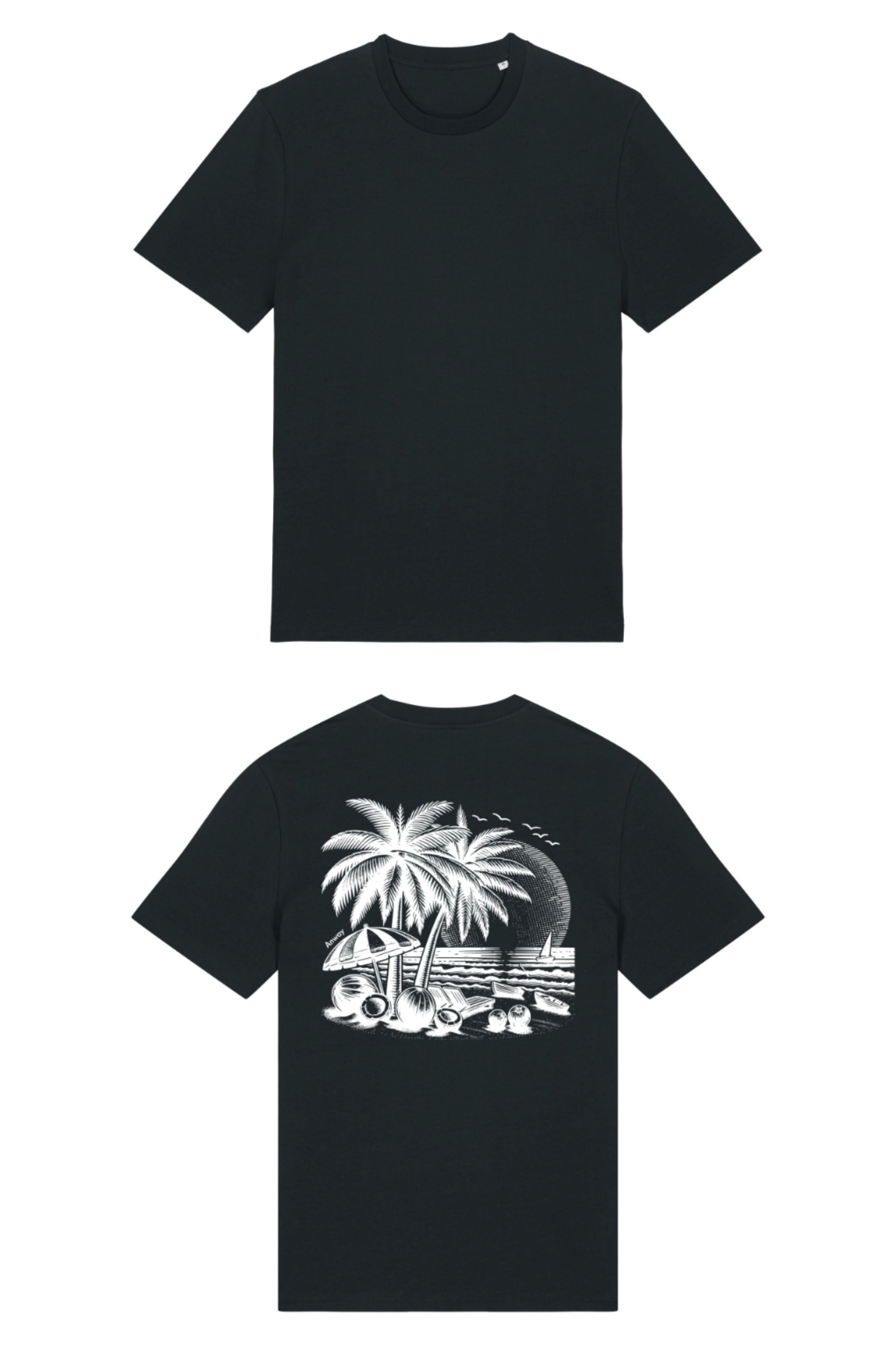 T-Shirt aus 100 % Bio-Baumwolle mit normaler Passform, erhältlich in verschiedenen Farben wie Blue Soul, Cotton Pink, Lavender, Aloe, Weiss und Schwarz. Individuell bedruckbar mit Wunschmotiv. Weiches, angenehm leichtes Material für hohen Tragekomfort. Ideal für einen zeitgemässen, entspannten Look. T-Shirt mit einem detaillierten Strandmotiv mit Palmen, Kokosnüssen und Sonnenuntergang auf der Rückseite. 