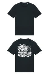 T-Shirt aus 100 % Bio-Baumwolle mit normaler Passform, erhältlich in verschiedenen Farben wie Blue Soul, Cotton Pink, Lavender, Aloe, Weiss und Schwarz. Individuell bedruckbar mit Wunschmotiv. Weiches, angenehm leichtes Material für hohen Tragekomfort. Ideal für einen zeitgemässen, entspannten Look. T-Shirt mit einem detaillierten Strandmotiv mit Palmen, Kokosnüssen und Sonnenuntergang auf der Rückseite. 