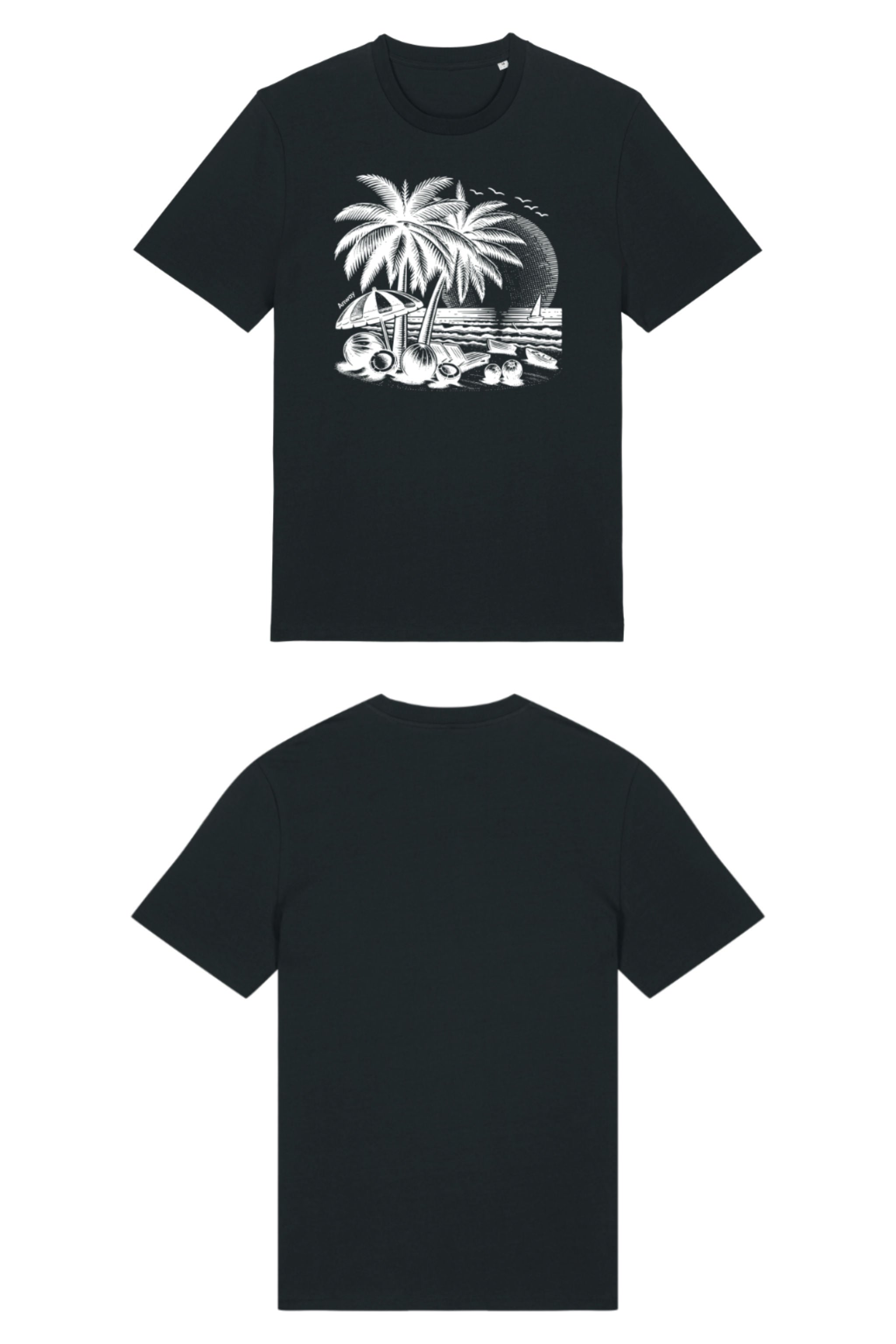 T-Shirt aus 100 % Bio-Baumwolle mit normaler Passform, erhältlich in verschiedenen Farben wie Blue Soul, Cotton Pink, Lavender, Aloe, Weiss und Schwarz. Individuell bedruckbar mit Wunschmotiv. Weiches, angenehm leichtes Material für hohen Tragekomfort. Ideal für einen zeitgemässen, entspannten Look. T-Shirt mit einem detaillierten Strandmotiv mit Palmen, Kokosnüssen und Sonnenuntergang auf der Vorderseite. 