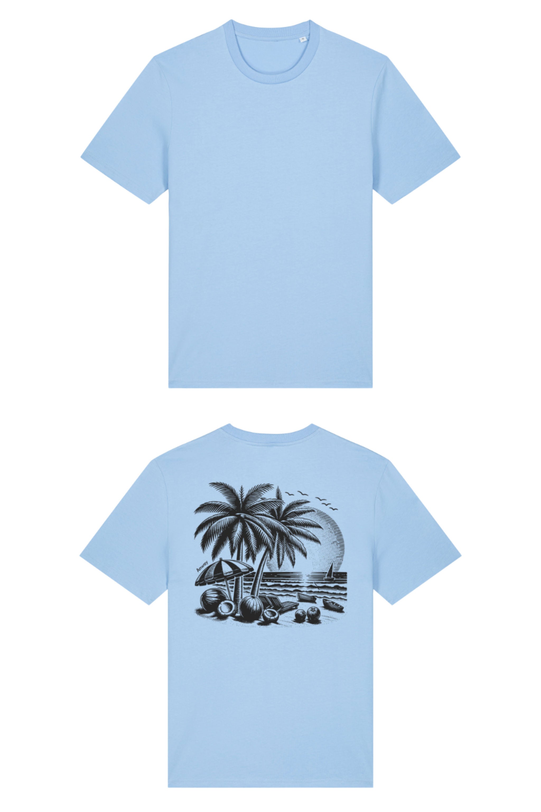 T-Shirt aus 100 % Bio-Baumwolle mit normaler Passform, erhältlich in verschiedenen Farben wie Blue Soul, Cotton Pink, Lavender, Aloe, Weiss und Schwarz. Individuell bedruckbar mit Wunschmotiv. Weiches, angenehm leichtes Material für hohen Tragekomfort. Ideal für einen zeitgemässen, entspannten Look. T-Shirt mit einem detaillierten Strandmotiv mit Palmen, Kokosnüssen und Sonnenuntergang auf der Rückseite. 