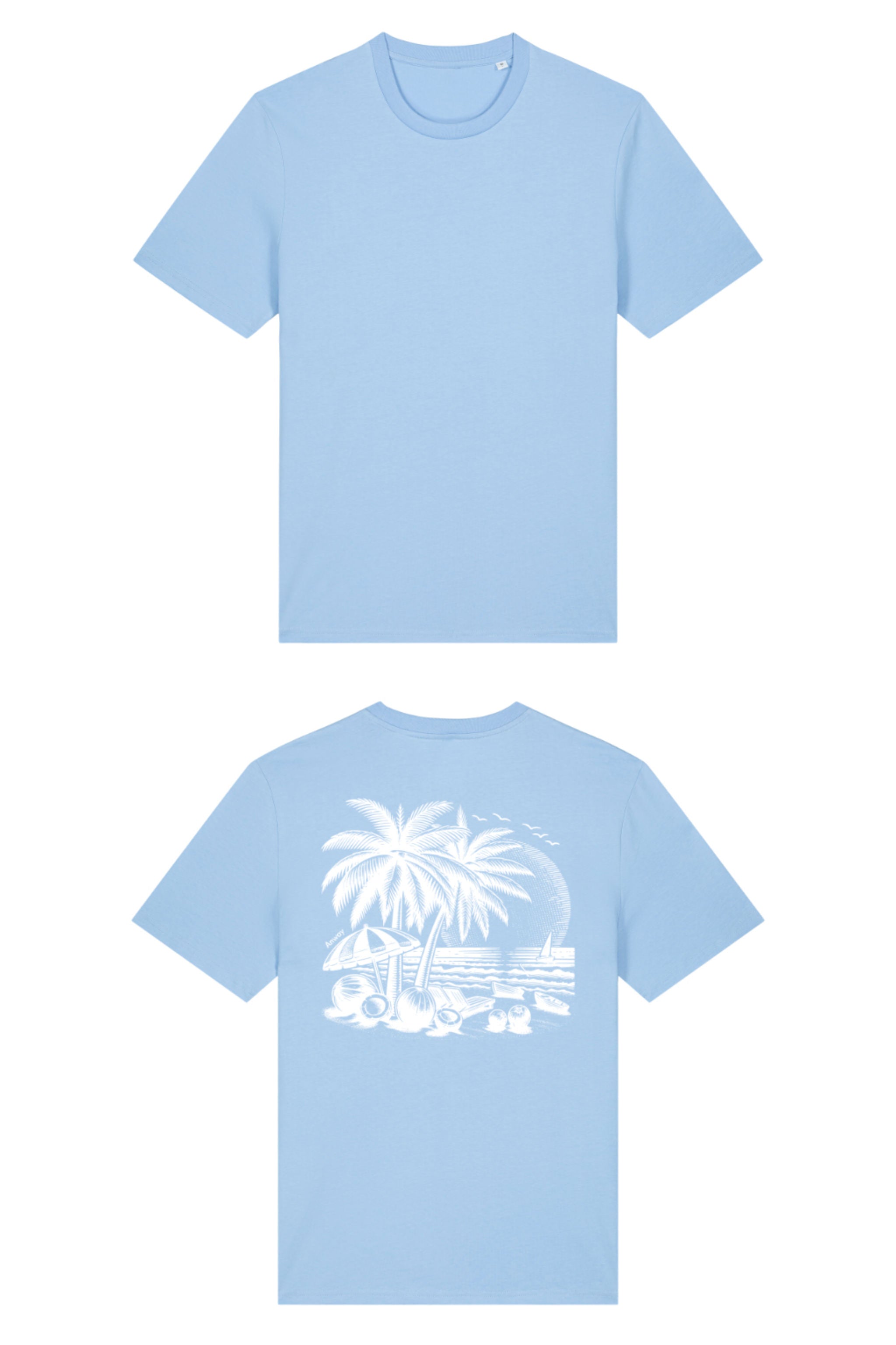 T-Shirt aus 100 % Bio-Baumwolle mit normaler Passform, erhältlich in verschiedenen Farben wie Blue Soul, Cotton Pink, Lavender, Aloe, Weiss und Schwarz. Individuell bedruckbar mit Wunschmotiv. Weiches, angenehm leichtes Material für hohen Tragekomfort. Ideal für einen zeitgemässen, entspannten Look. T-Shirt mit einem detaillierten Strandmotiv mit Palmen, Kokosnüssen und Sonnenuntergang auf der Rückseite. 