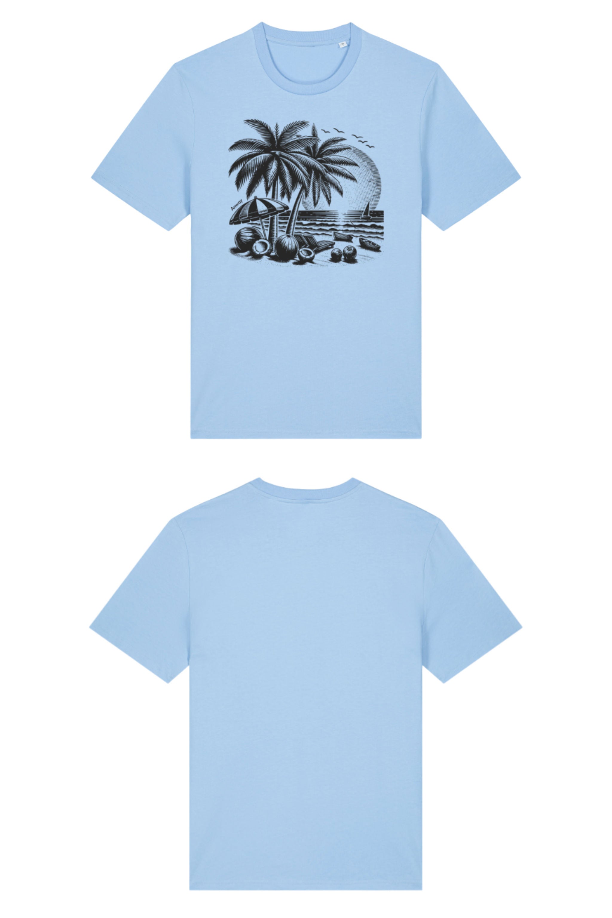 T-Shirt aus 100 % Bio-Baumwolle mit normaler Passform, erhältlich in verschiedenen Farben wie Blue Soul, Cotton Pink, Lavender, Aloe, Weiss und Schwarz. Individuell bedruckbar mit Wunschmotiv. Weiches, angenehm leichtes Material für hohen Tragekomfort. Ideal für einen zeitgemässen, entspannten Look. T-Shirt mit einem detaillierten Strandmotiv mit Palmen, Kokosnüssen und Sonnenuntergang auf der Vorderseite. 