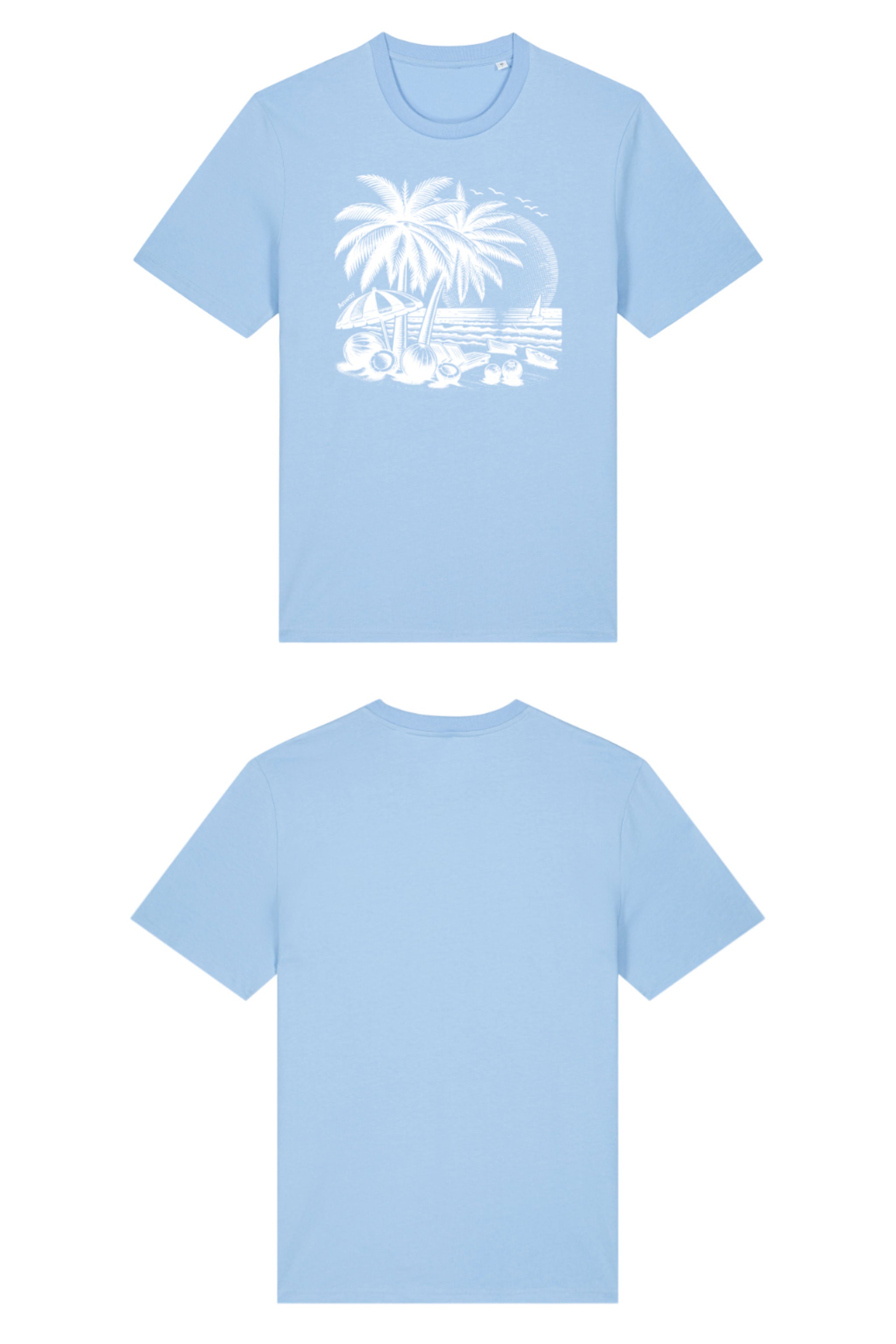 T-Shirt aus 100 % Bio-Baumwolle mit normaler Passform, erhältlich in verschiedenen Farben wie Blue Soul, Cotton Pink, Lavender, Aloe, Weiss und Schwarz. Individuell bedruckbar mit Wunschmotiv. Weiches, angenehm leichtes Material für hohen Tragekomfort. Ideal für einen zeitgemässen, entspannten Look. T-Shirt mit einem detaillierten Strandmotiv mit Palmen, Kokosnüssen und Sonnenuntergang auf der Vorderseite. 
