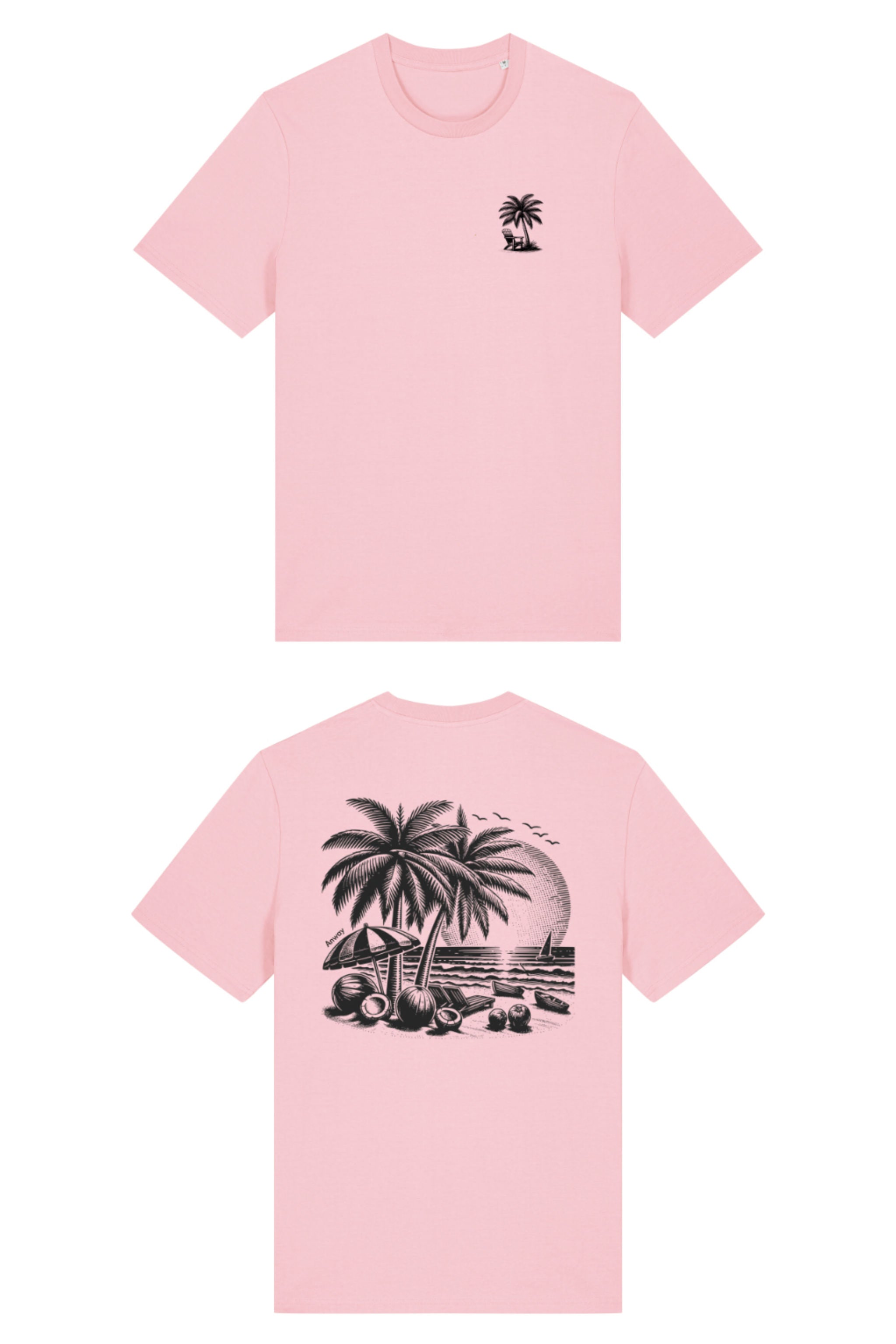 T-Shirt aus 100 % Bio-Baumwolle mit normaler Passform, erhältlich in verschiedenen Farben wie Blue Soul, Cotton Pink, Lavender, Aloe, Weiss und Schwarz. Individuell bedruckbar mit Wunschmotiv. Weiches, angenehm leichtes Material für hohen Tragekomfort. Ideal für einen zeitgemässen, entspannten Look. T-Shirt mit einem detaillierten Strandmotiv mit Palmen, Kokosnüssen und Sonnenuntergang auf der Rückseite. 