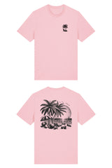 T-Shirt aus 100 % Bio-Baumwolle mit normaler Passform, erhältlich in verschiedenen Farben wie Blue Soul, Cotton Pink, Lavender, Aloe, Weiss und Schwarz. Individuell bedruckbar mit Wunschmotiv. Weiches, angenehm leichtes Material für hohen Tragekomfort. Ideal für einen zeitgemässen, entspannten Look. T-Shirt mit einem detaillierten Strandmotiv mit Palmen, Kokosnüssen und Sonnenuntergang auf der Rückseite. 