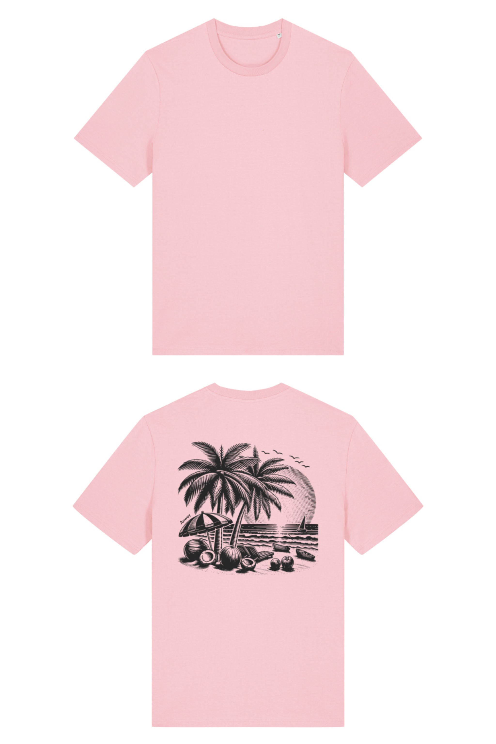 T-Shirt aus 100 % Bio-Baumwolle mit normaler Passform, erhältlich in verschiedenen Farben wie Blue Soul, Cotton Pink, Lavender, Aloe, Weiss und Schwarz. Individuell bedruckbar mit Wunschmotiv. Weiches, angenehm leichtes Material für hohen Tragekomfort. Ideal für einen zeitgemässen, entspannten Look. T-Shirt mit einem detaillierten Strandmotiv mit Palmen, Kokosnüssen und Sonnenuntergang auf der Rückseite. 