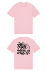 T-Shirt aus 100 % Bio-Baumwolle mit normaler Passform, erhältlich in verschiedenen Farben wie Blue Soul, Cotton Pink, Lavender, Aloe, Weiss und Schwarz. Individuell bedruckbar mit Wunschmotiv. Weiches, angenehm leichtes Material für hohen Tragekomfort. Ideal für einen zeitgemässen, entspannten Look. T-Shirt mit einem detaillierten Strandmotiv mit Palmen, Kokosnüssen und Sonnenuntergang auf der Rückseite. 