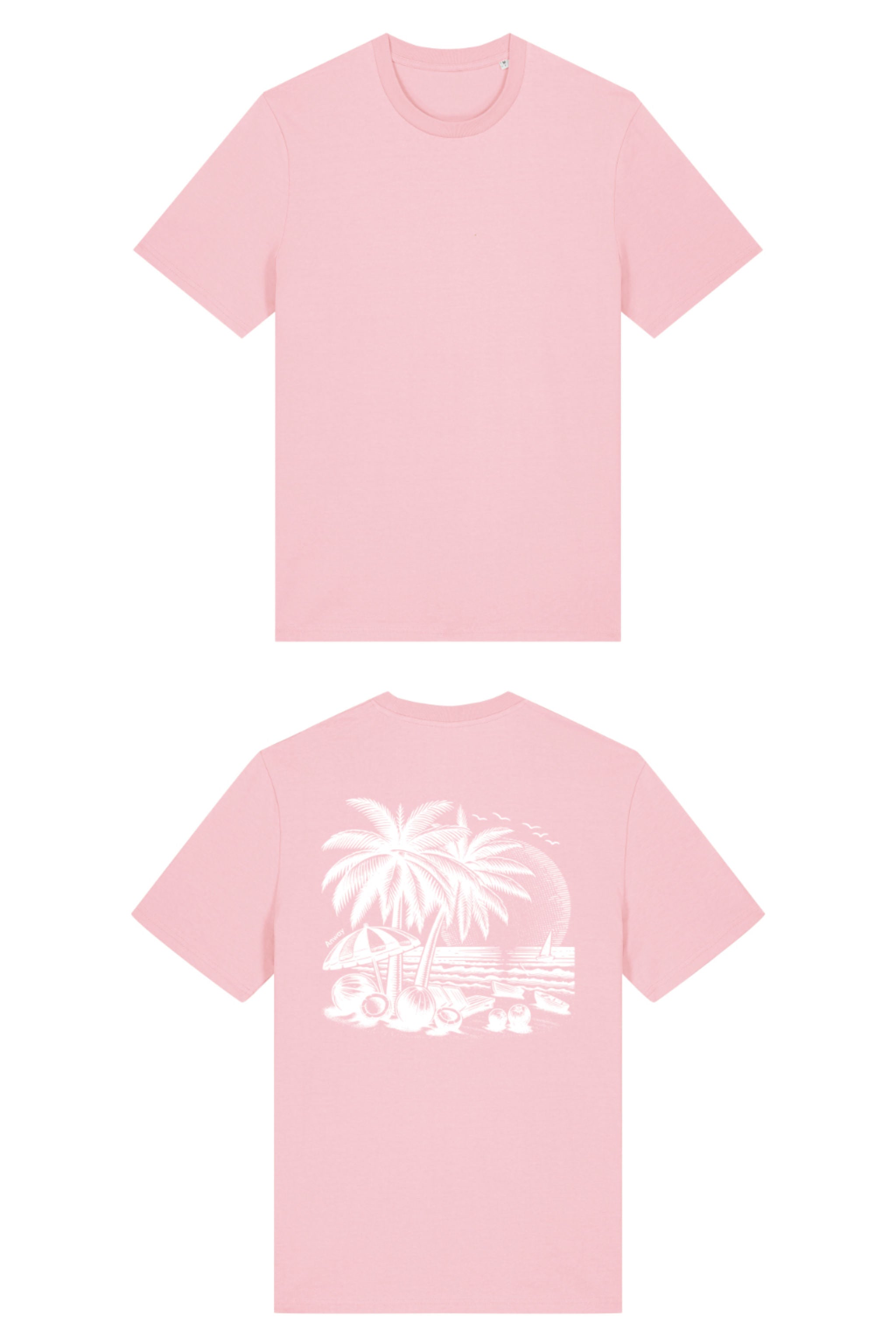 T-Shirt aus 100 % Bio-Baumwolle mit normaler Passform, erhältlich in verschiedenen Farben wie Blue Soul, Cotton Pink, Lavender, Aloe, Weiss und Schwarz. Individuell bedruckbar mit Wunschmotiv. Weiches, angenehm leichtes Material für hohen Tragekomfort. Ideal für einen zeitgemässen, entspannten Look. T-Shirt mit einem detaillierten Strandmotiv mit Palmen, Kokosnüssen und Sonnenuntergang auf der Rückseite. 