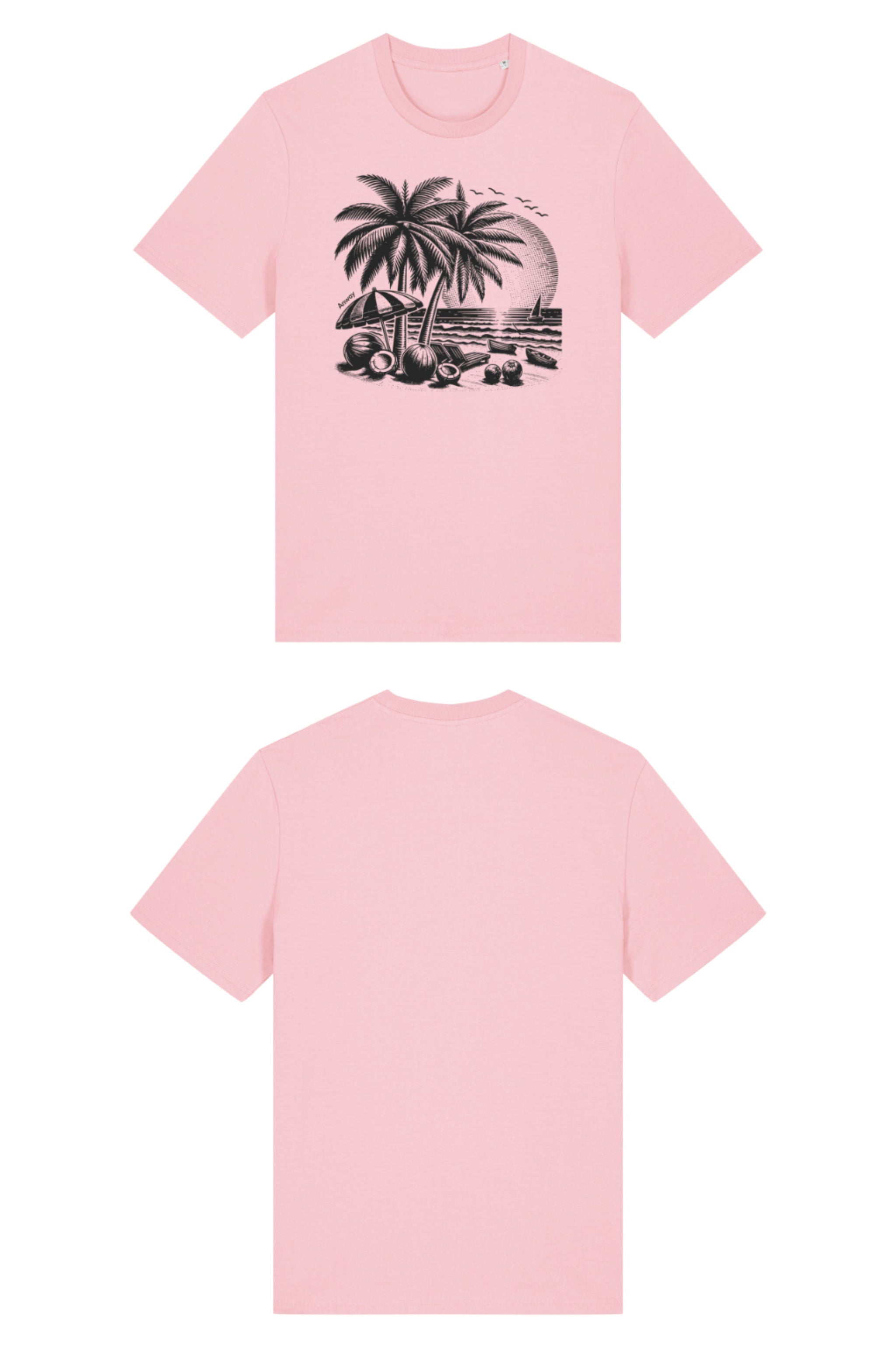 T-Shirt aus 100 % Bio-Baumwolle mit normaler Passform, erhältlich in verschiedenen Farben wie Blue Soul, Cotton Pink, Lavender, Aloe, Weiss und Schwarz. Individuell bedruckbar mit Wunschmotiv. Weiches, angenehm leichtes Material für hohen Tragekomfort. Ideal für einen zeitgemässen, entspannten Look. T-Shirt mit einem detaillierten Strandmotiv mit Palmen, Kokosnüssen und Sonnenuntergang auf der Vorderseite. 