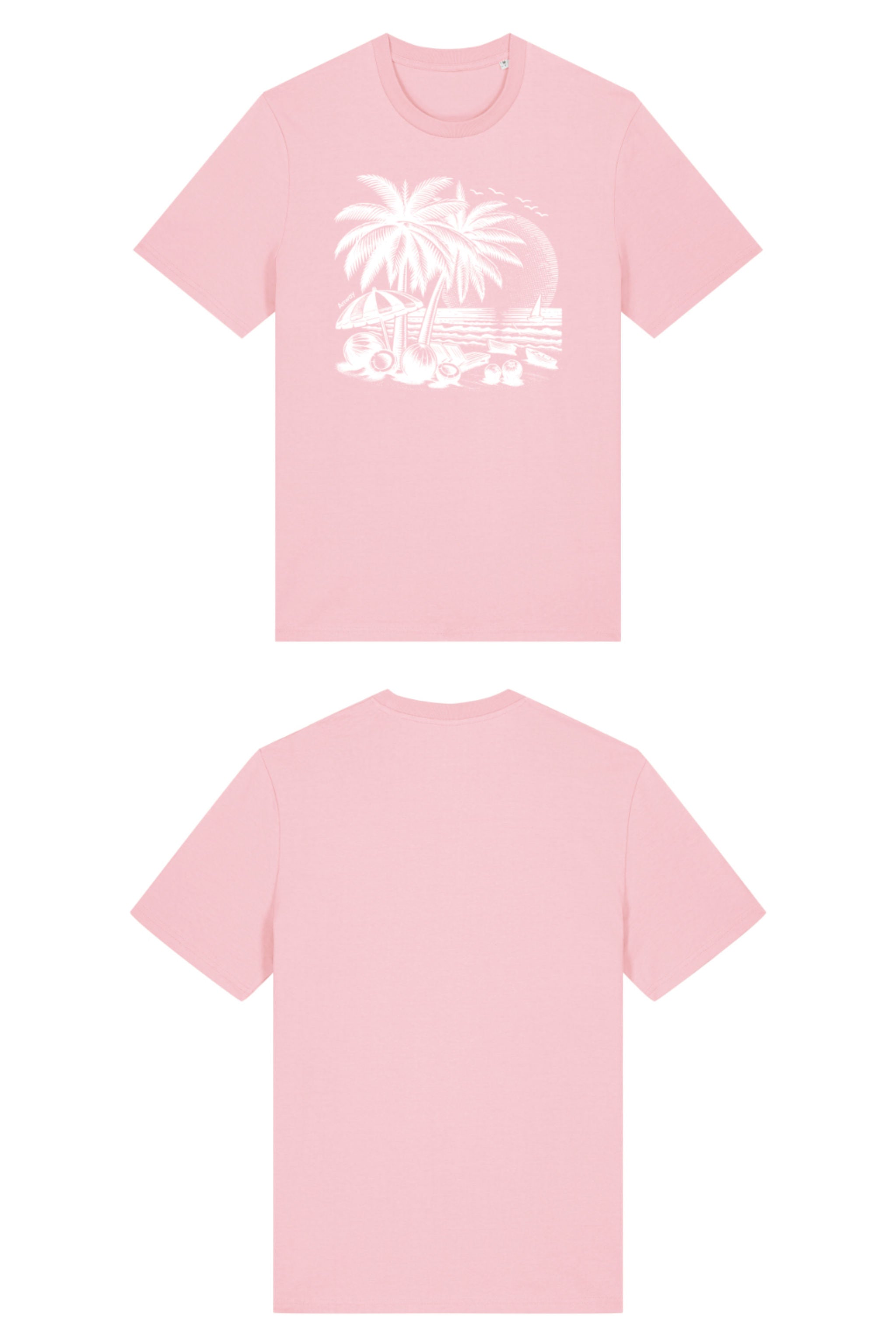T-Shirt aus 100 % Bio-Baumwolle mit normaler Passform, erhältlich in verschiedenen Farben wie Blue Soul, Cotton Pink, Lavender, Aloe, Weiss und Schwarz. Individuell bedruckbar mit Wunschmotiv. Weiches, angenehm leichtes Material für hohen Tragekomfort. Ideal für einen zeitgemässen, entspannten Look. T-Shirt mit einem detaillierten Strandmotiv mit Palmen, Kokosnüssen und Sonnenuntergang auf der Vorderseite. 