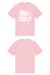 T-Shirt aus 100 % Bio-Baumwolle mit normaler Passform, erhältlich in verschiedenen Farben wie Blue Soul, Cotton Pink, Lavender, Aloe, Weiss und Schwarz. Individuell bedruckbar mit Wunschmotiv. Weiches, angenehm leichtes Material für hohen Tragekomfort. Ideal für einen zeitgemässen, entspannten Look. T-Shirt mit einem detaillierten Strandmotiv mit Palmen, Kokosnüssen und Sonnenuntergang auf der Vorderseite. 