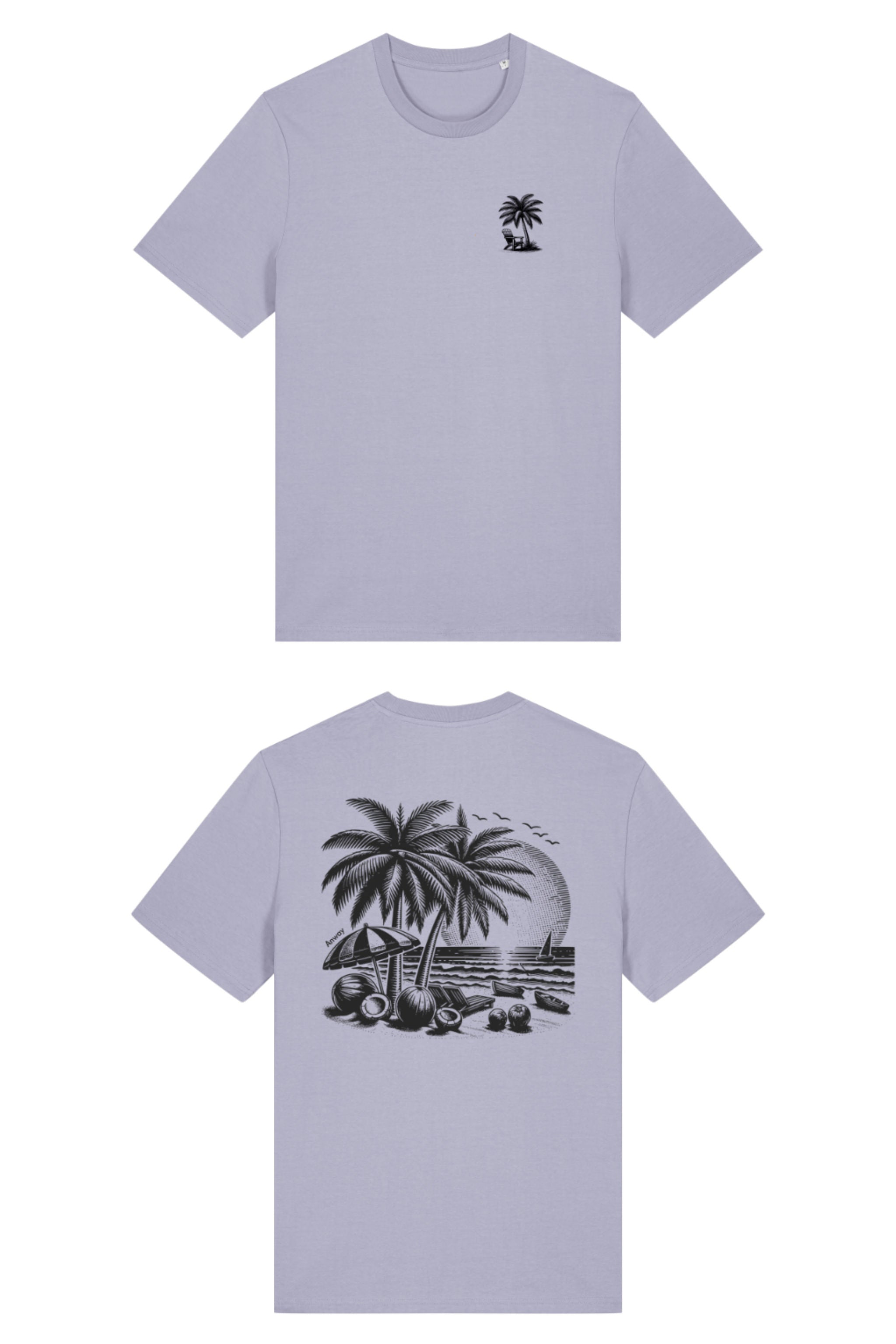 T-Shirt aus 100 % Bio-Baumwolle mit normaler Passform, erhältlich in verschiedenen Farben wie Blue Soul, Cotton Pink, Lavender, Aloe, Weiss und Schwarz. Individuell bedruckbar mit Wunschmotiv. Weiches, angenehm leichtes Material für hohen Tragekomfort. Ideal für einen zeitgemässen, entspannten Look. T-Shirt mit kleinem Motiv einer Palme und eines Liegestuhls auf der linken Brust und einem detaillierten Strandmotiv mit Palmen, Kokosnüssen und Sonnenuntergang auf der Rückseite. 