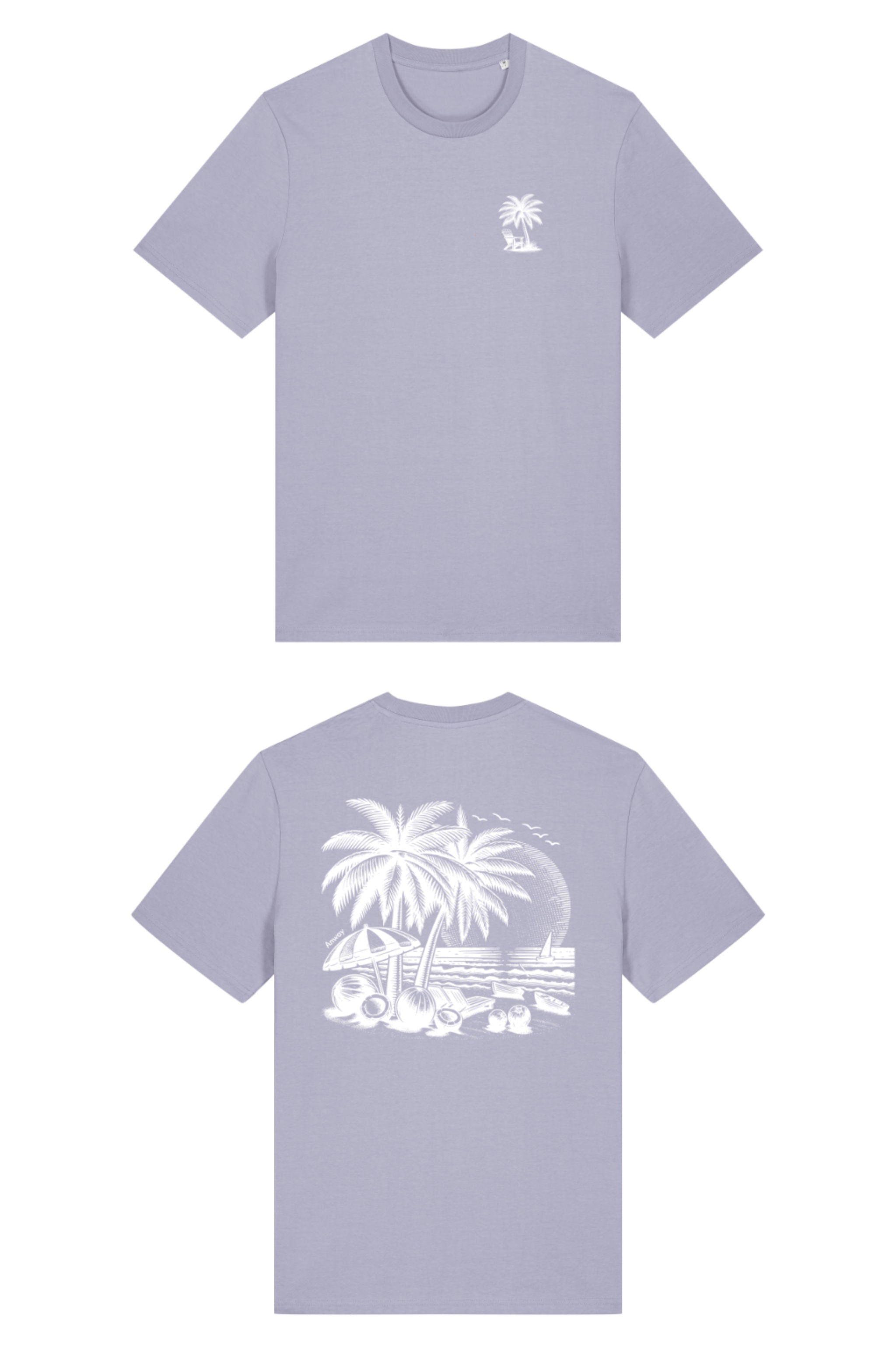 T-Shirt aus 100 % Bio-Baumwolle mit normaler Passform, erhältlich in verschiedenen Farben wie Blue Soul, Cotton Pink, Lavender, Aloe, Weiss und Schwarz. Individuell bedruckbar mit Wunschmotiv. Weiches, angenehm leichtes Material für hohen Tragekomfort. Ideal für einen zeitgemässen, entspannten Look. T-Shirt mit kleinem Motiv einer Palme und eines Liegestuhls auf der linken Brust und einem detaillierten Strandmotiv mit Palmen, Kokosnüssen und Sonnenuntergang auf der Rückseite. 