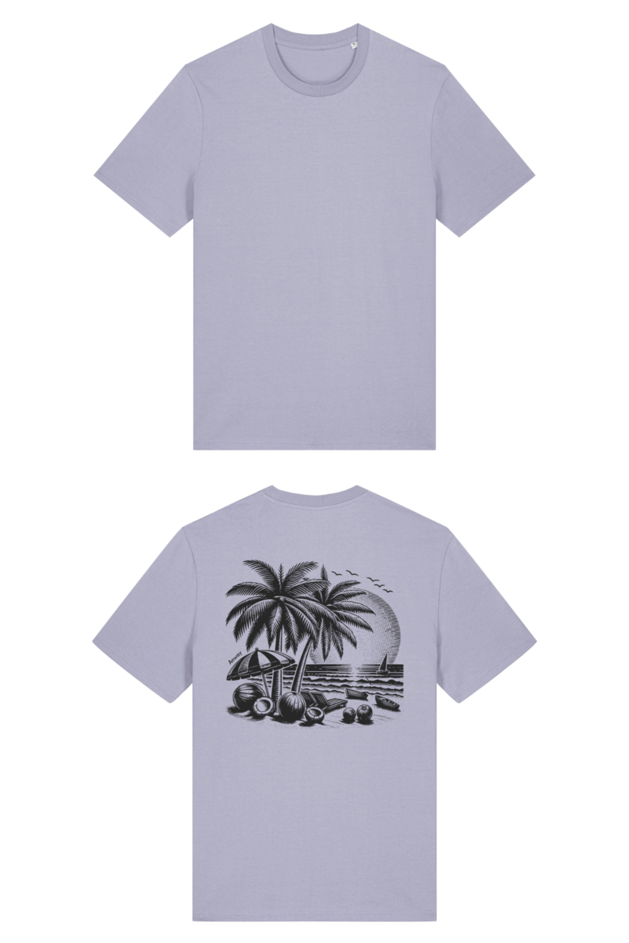 T-Shirt aus 100 % Bio-Baumwolle mit normaler Passform, erhältlich in verschiedenen Farben wie Blue Soul, Cotton Pink, Lavender, Aloe, Weiss und Schwarz. Individuell bedruckbar mit Wunschmotiv. Weiches, angenehm leichtes Material für hohen Tragekomfort. Ideal für einen zeitgemässen, entspannten Look. T-Shirt mit einem detaillierten Strandmotiv mit Palmen, Kokosnüssen und Sonnenuntergang auf der Rückseite. 