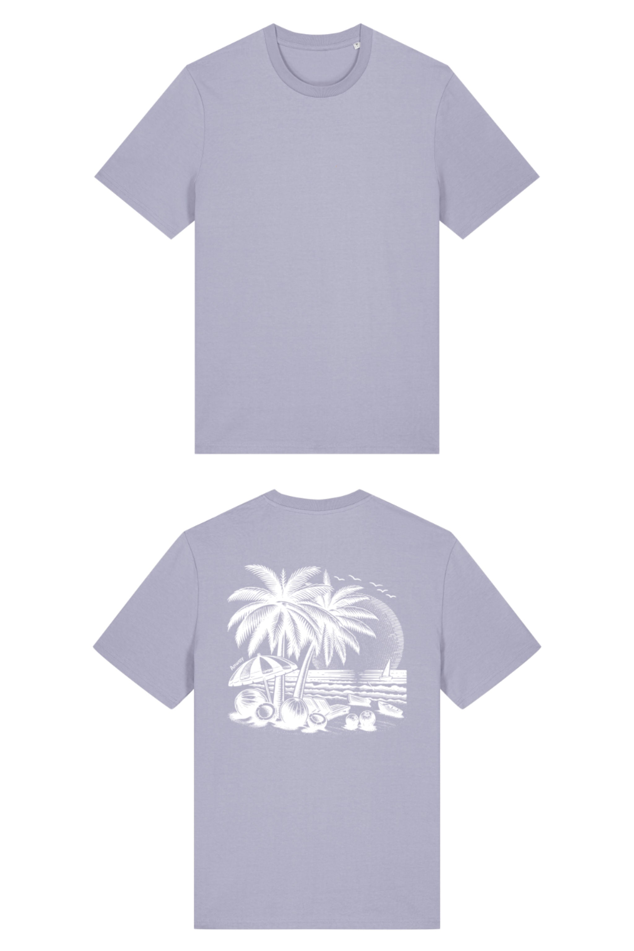 T-Shirt aus 100 % Bio-Baumwolle mit normaler Passform, erhältlich in verschiedenen Farben wie Blue Soul, Cotton Pink, Lavender, Aloe, Weiss und Schwarz. Individuell bedruckbar mit Wunschmotiv. Weiches, angenehm leichtes Material für hohen Tragekomfort. Ideal für einen zeitgemässen, entspannten Look. T-Shirt mit einem detaillierten Strandmotiv mit Palmen, Kokosnüssen und Sonnenuntergang auf der Rückseite. 