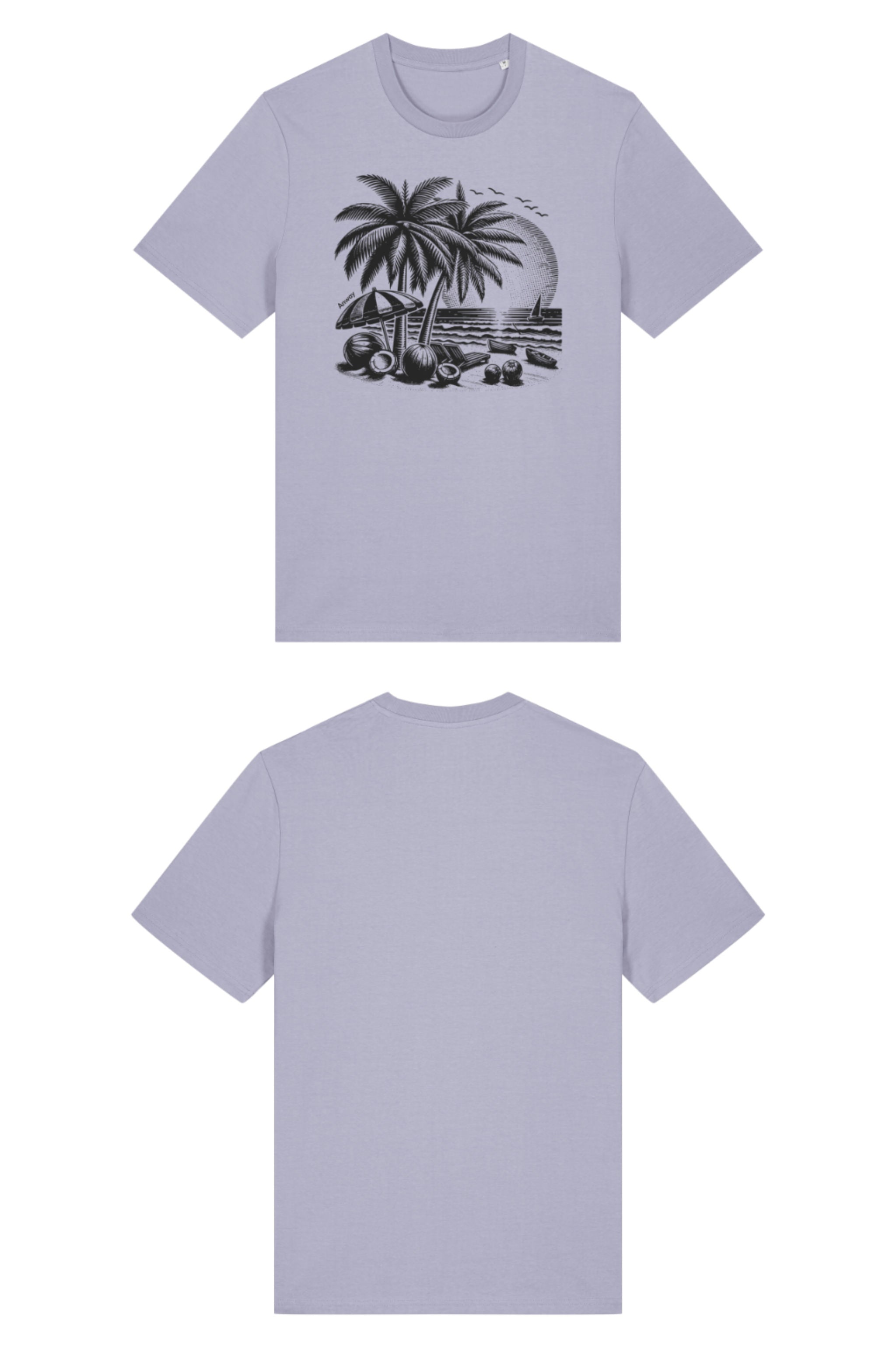 T-Shirt aus 100 % Bio-Baumwolle mit normaler Passform, erhältlich in verschiedenen Farben wie Blue Soul, Cotton Pink, Lavender, Aloe, Weiss und Schwarz. Individuell bedruckbar mit Wunschmotiv. Weiches, angenehm leichtes Material für hohen Tragekomfort. Ideal für einen zeitgemässen, entspannten Look. T-Shirt mit einem detaillierten Strandmotiv mit Palmen, Kokosnüssen und Sonnenuntergang auf der Vorderseite. 